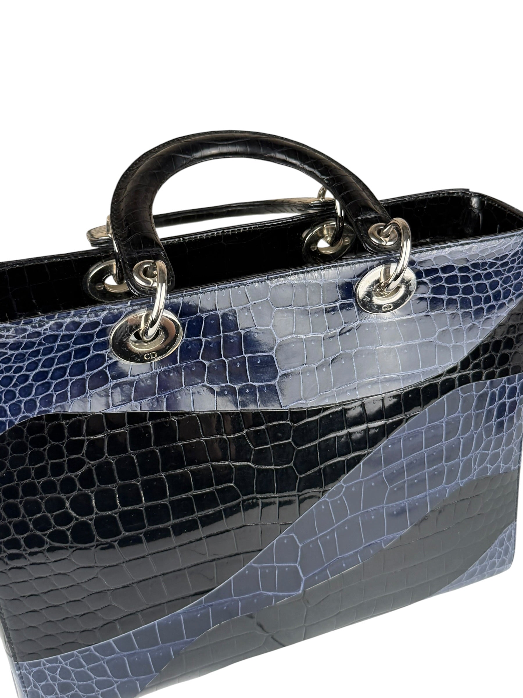 Christian Dior Rare Black/Navy Croc Embossed Lady Dior Handbag