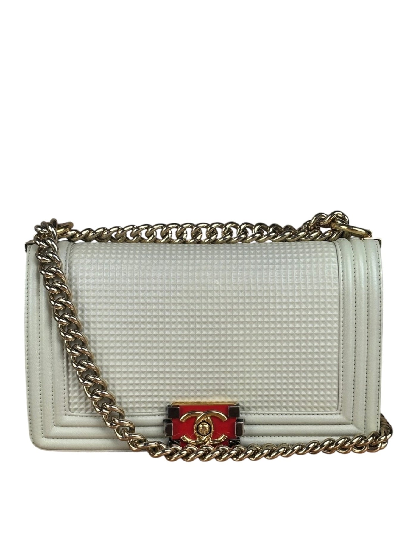 Chanel White Leather Cube Boy Bag 2014