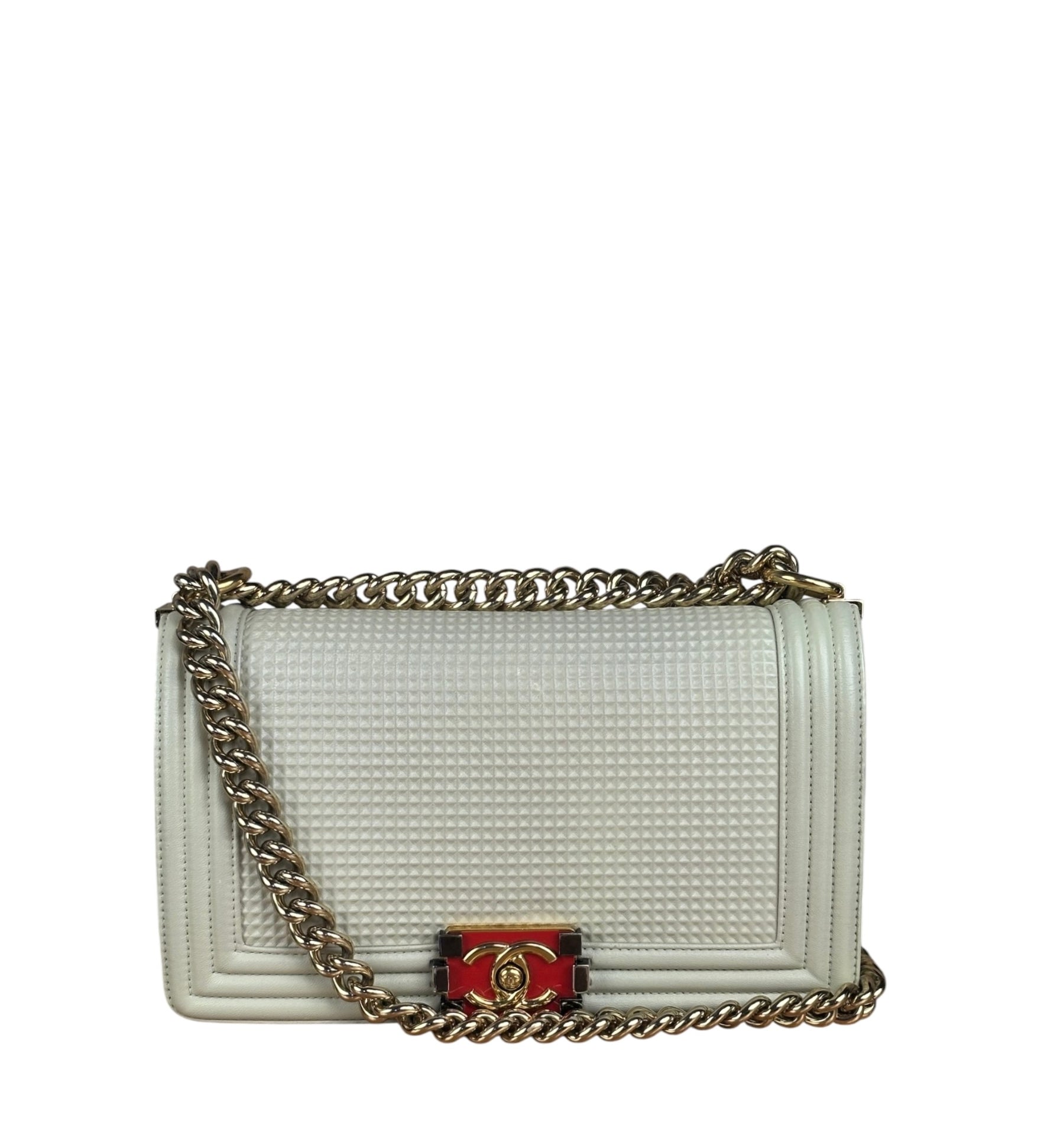Chanel White Leather Cube Boy Bag 2014