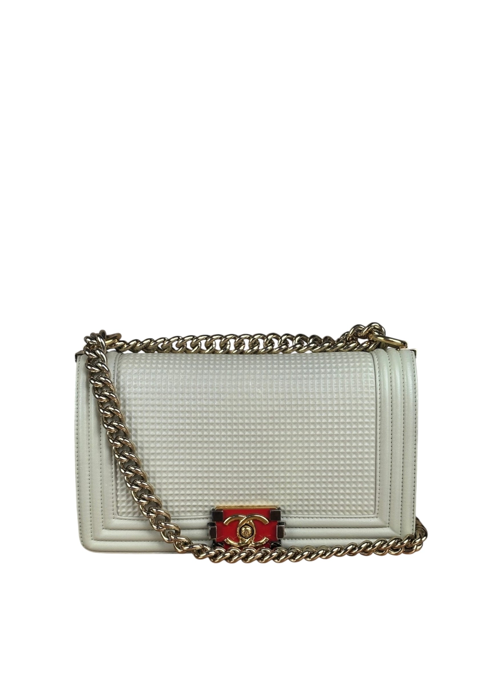 Chanel White Leather Cube Boy Bag 2014