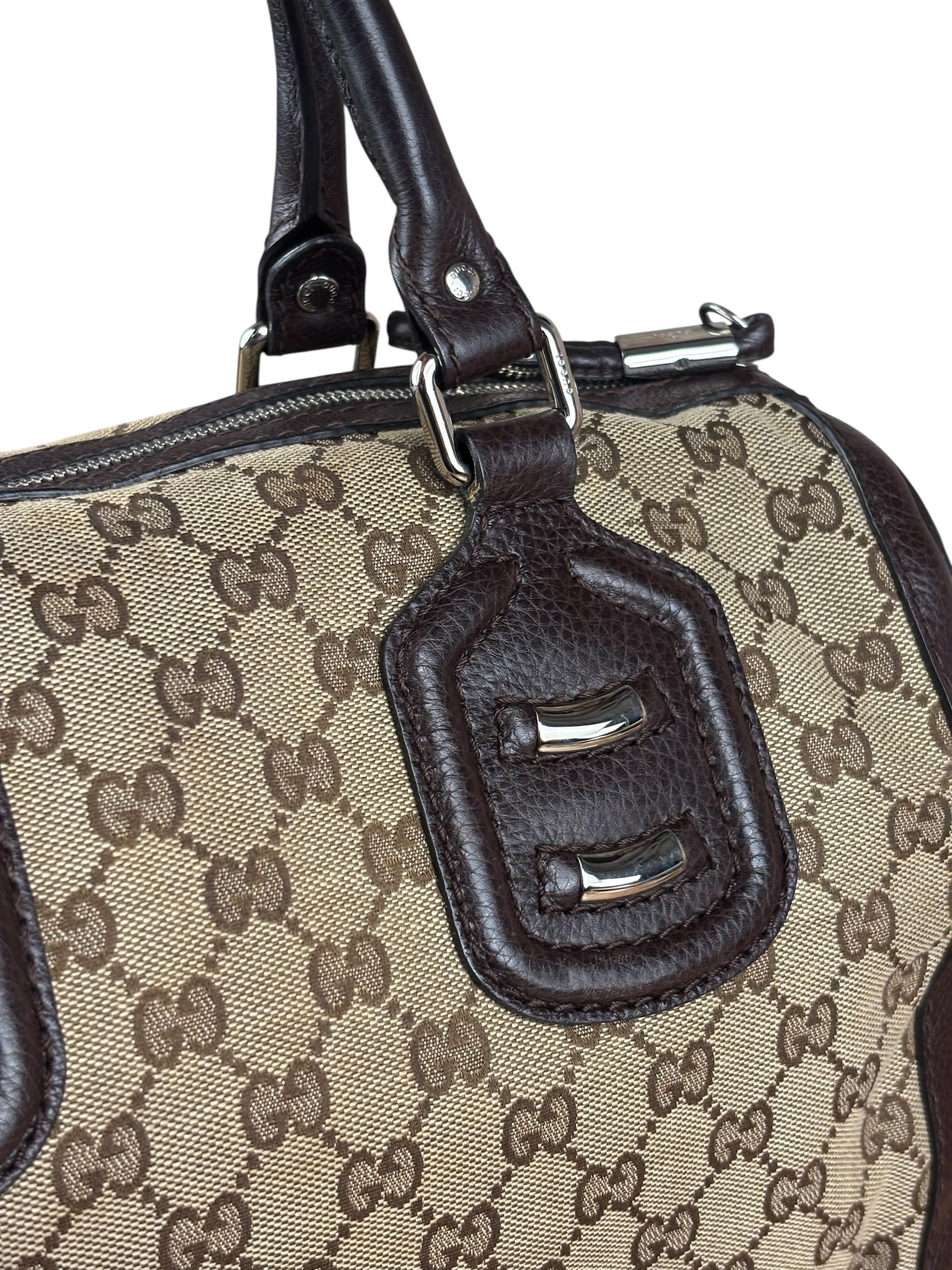 Gucci GG Leather Trim Canvas Techno Boston Handbag
