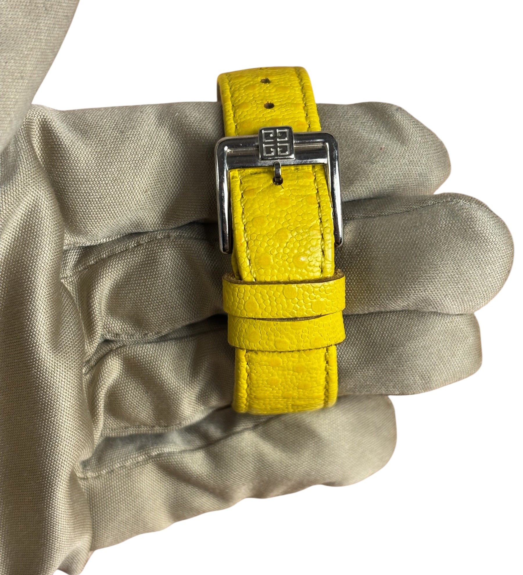 Givenchy Vinatge Yellow Leather Strapped Apsaras Yellow Square Dial Watch