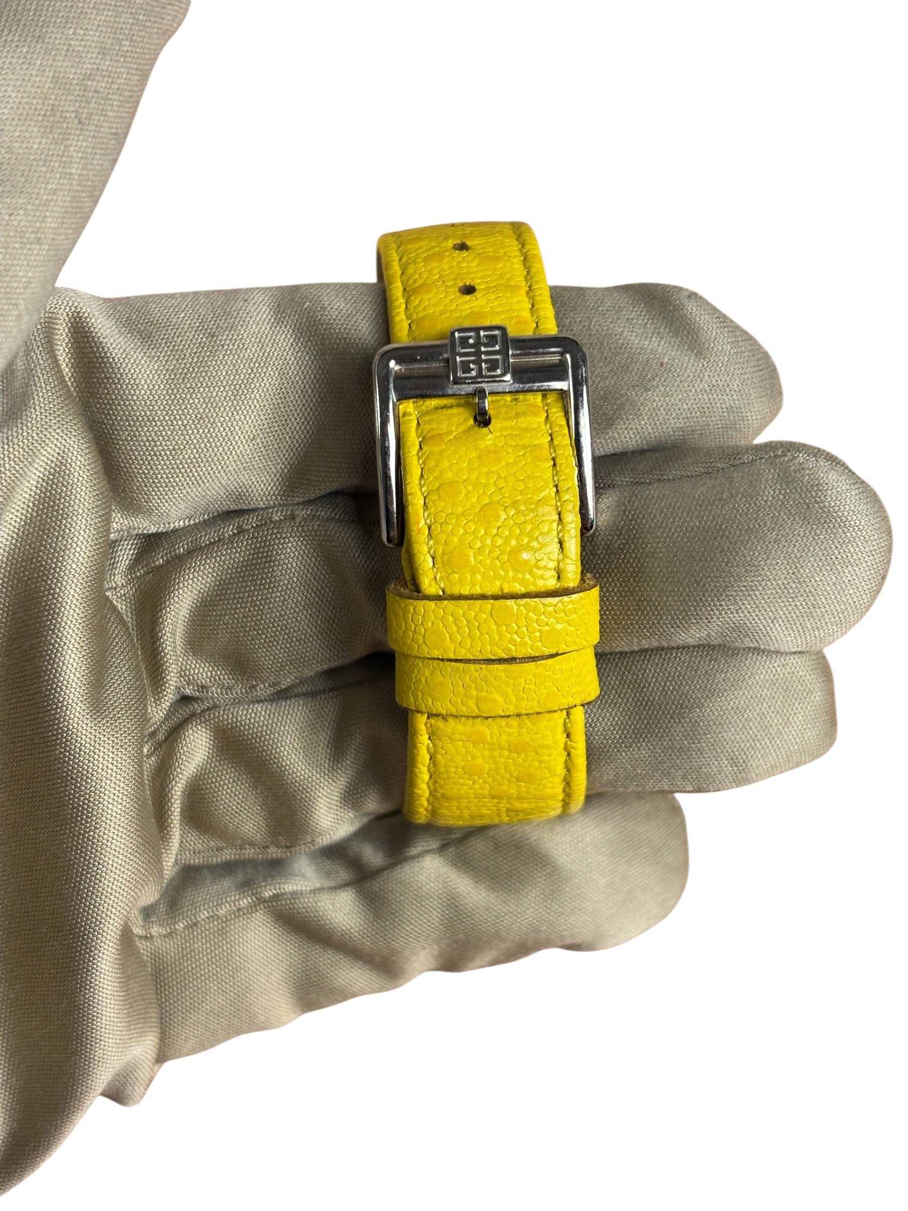 Givenchy Vinatge Yellow Leather Strapped Apsaras Yellow Square Dial Watch