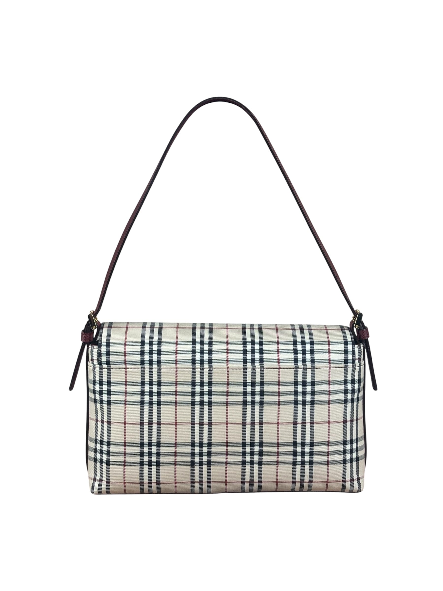 Burberry Burgundy Leather Trim House Check Shoulder Bag