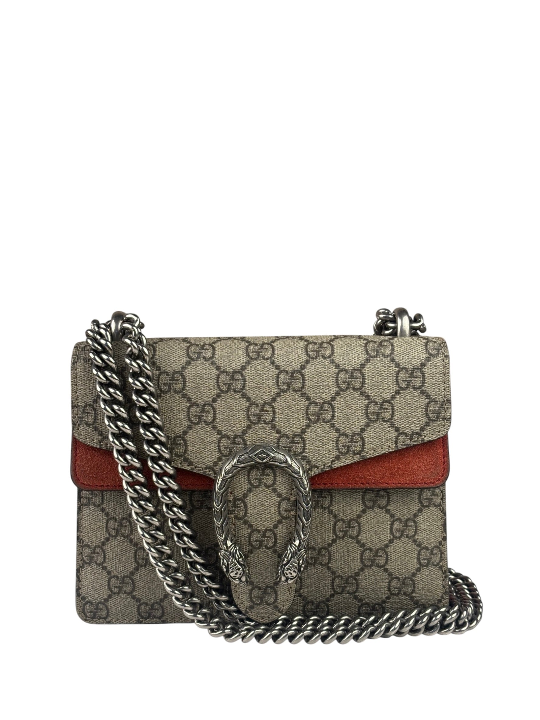 Gucci Beige/Red Leather/Suede Trim GG Supreme Dionysus Small Shoulder Bag