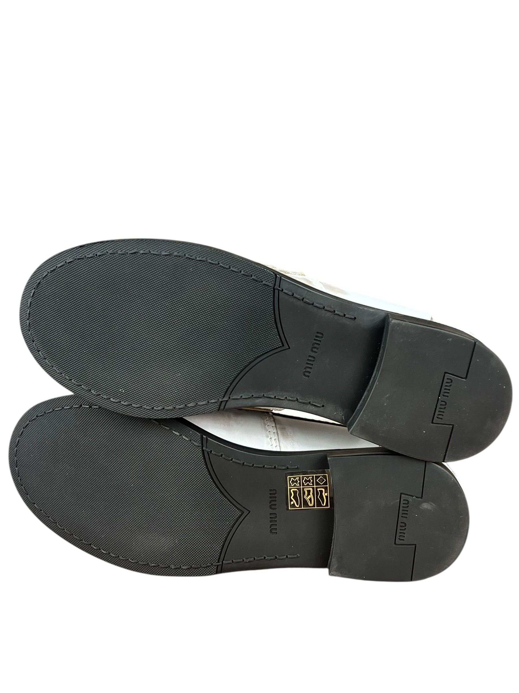 Miu Miu White Distressed Leather Penny Loafers