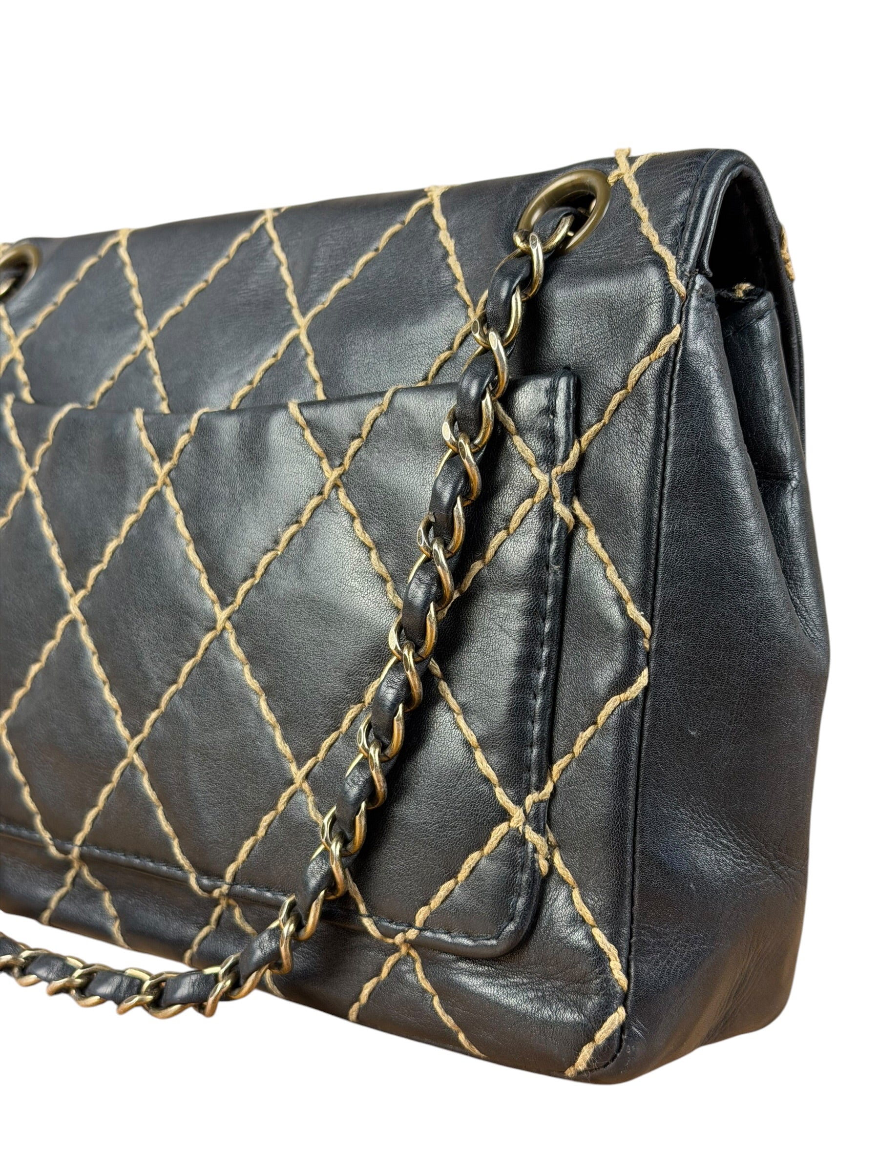 Chanel Vintage Navy Blue Leather Wild Stitch Surpique Flap Bag 2001