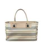 Burberry Multi-Color Leather Trim Striped Canvas Tote Bag