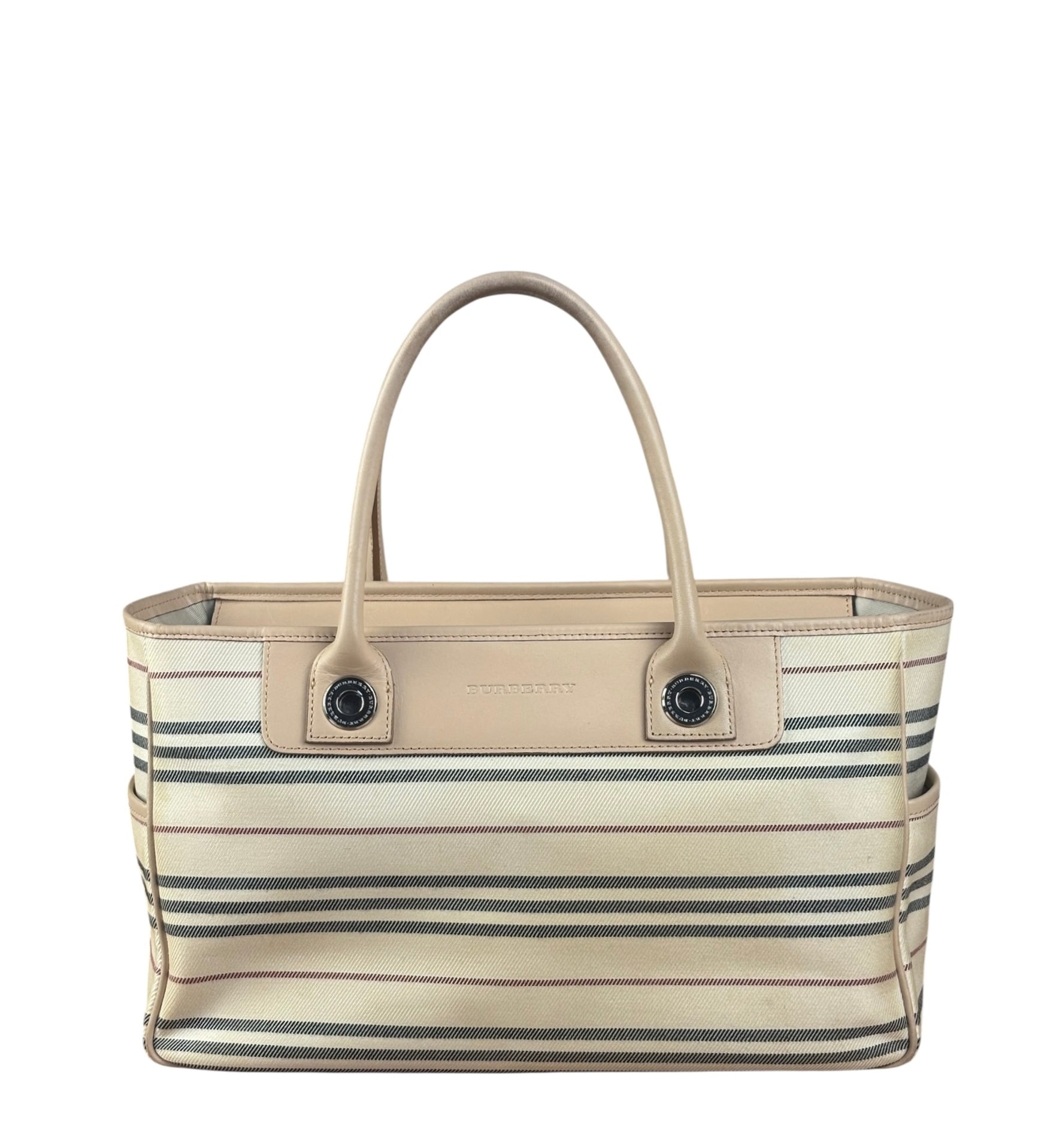 Burberry Multi-Color Leather Trim Striped Canvas Tote Bag