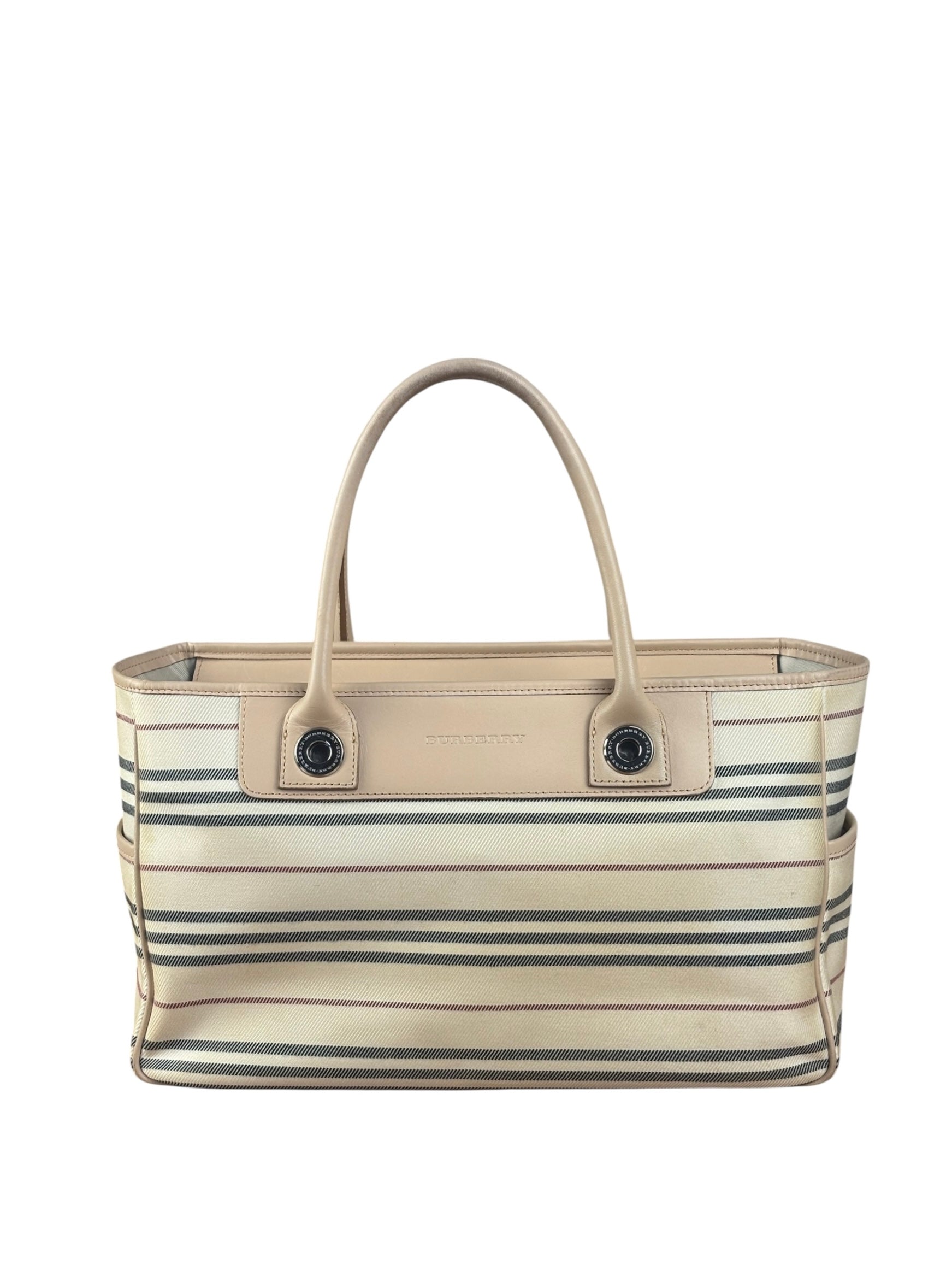 Burberry Multi-Color Leather Trim Striped Canvas Tote Bag