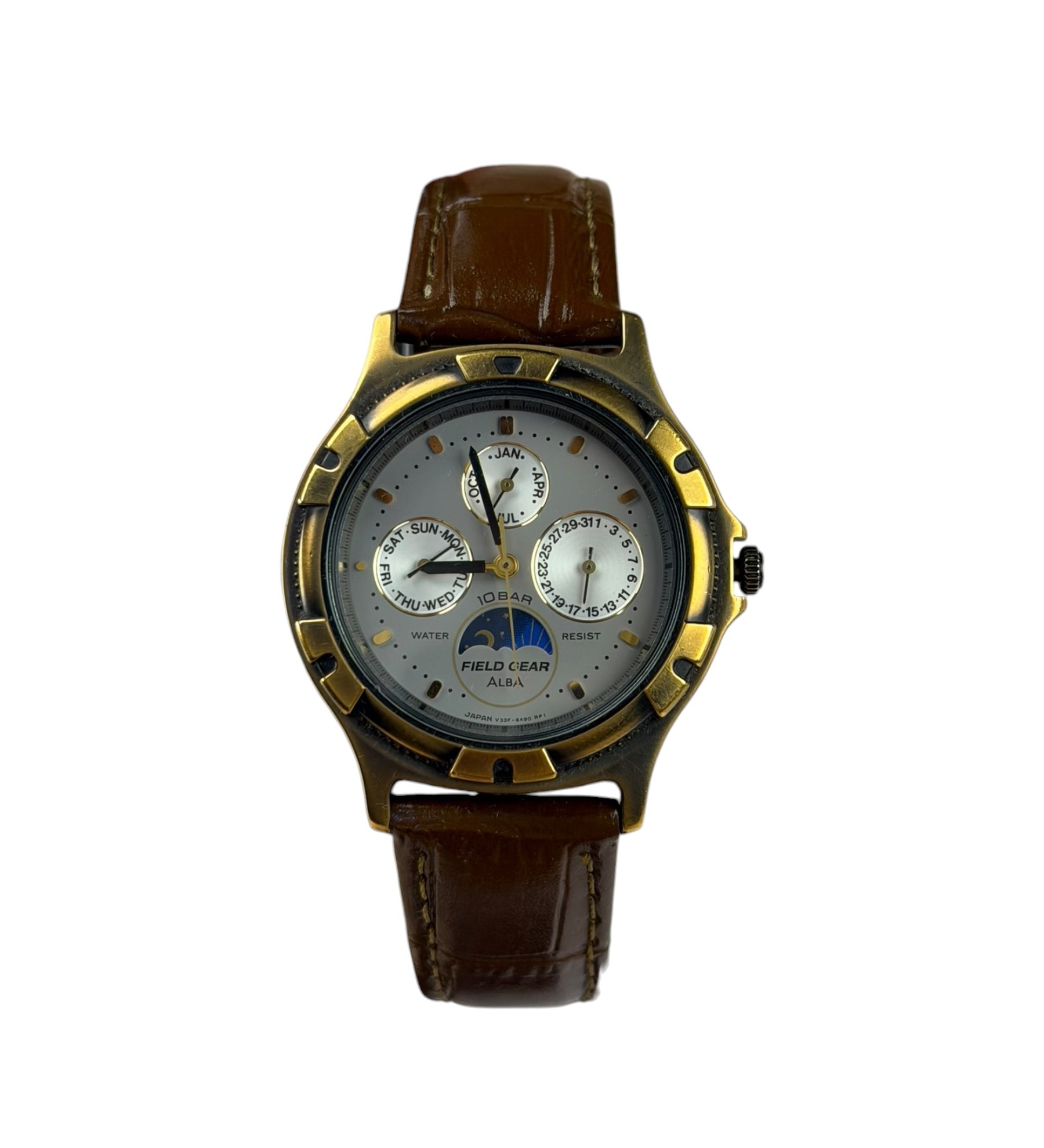 Alba Moon Phase Month Day Date Brown Leather Strap