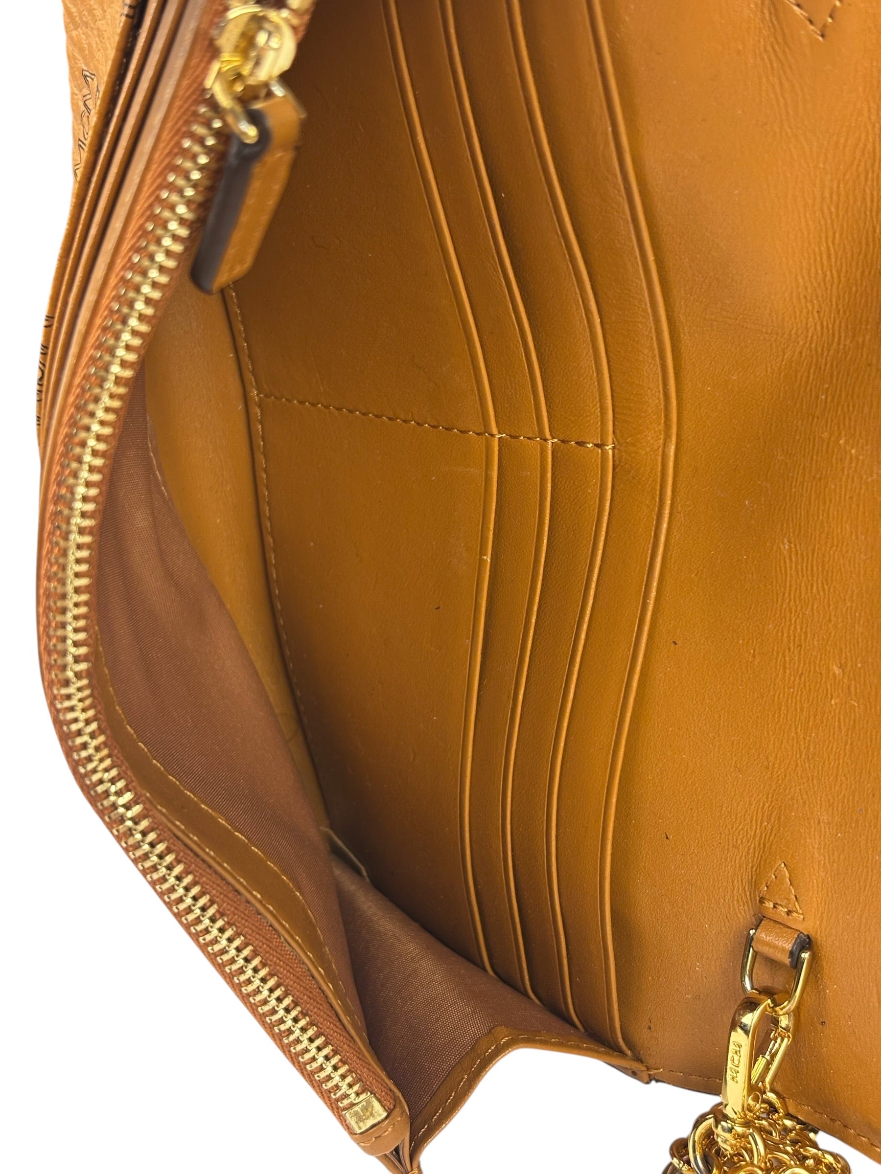 MCM Brown Leather Monogram Studded Long Wallet On Chain