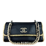 Chanel Black Leather Raffia Fringe CC Flap Shoulder Bag 2009