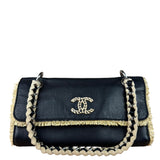 Chanel Black Leather Raffia Fringe CC Flap Shoulder Bag 2009