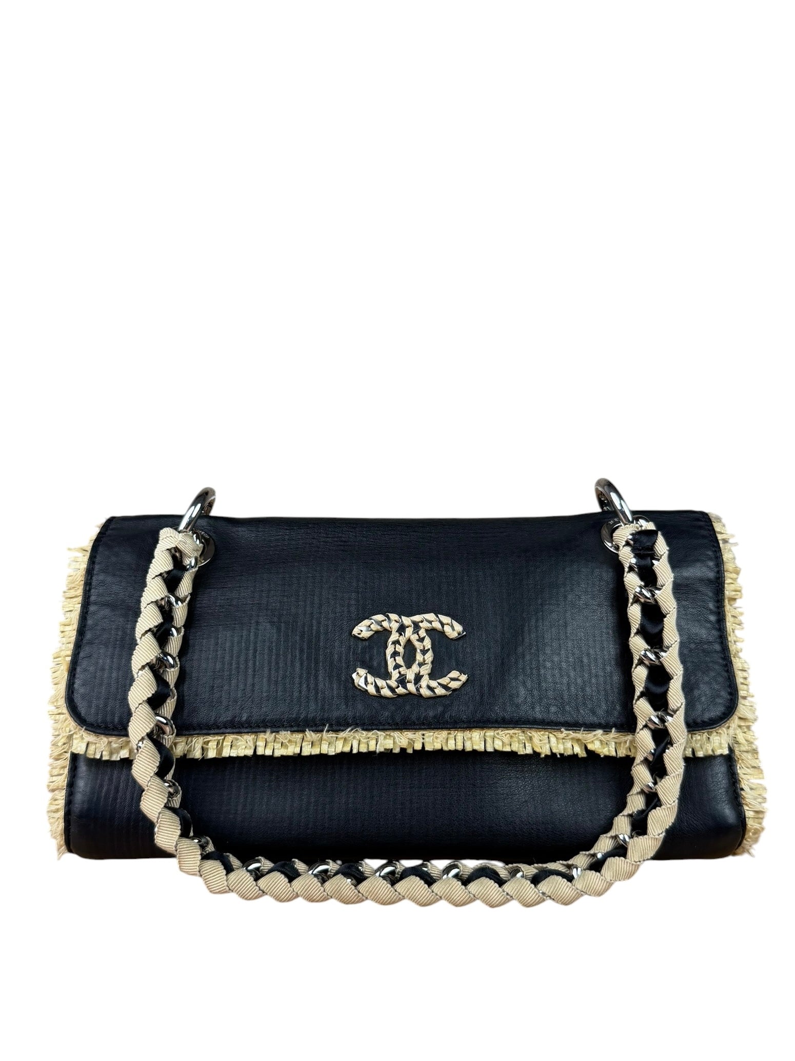 Chanel Black Leather Raffia Fringe CC Flap Shoulder Bag 2009