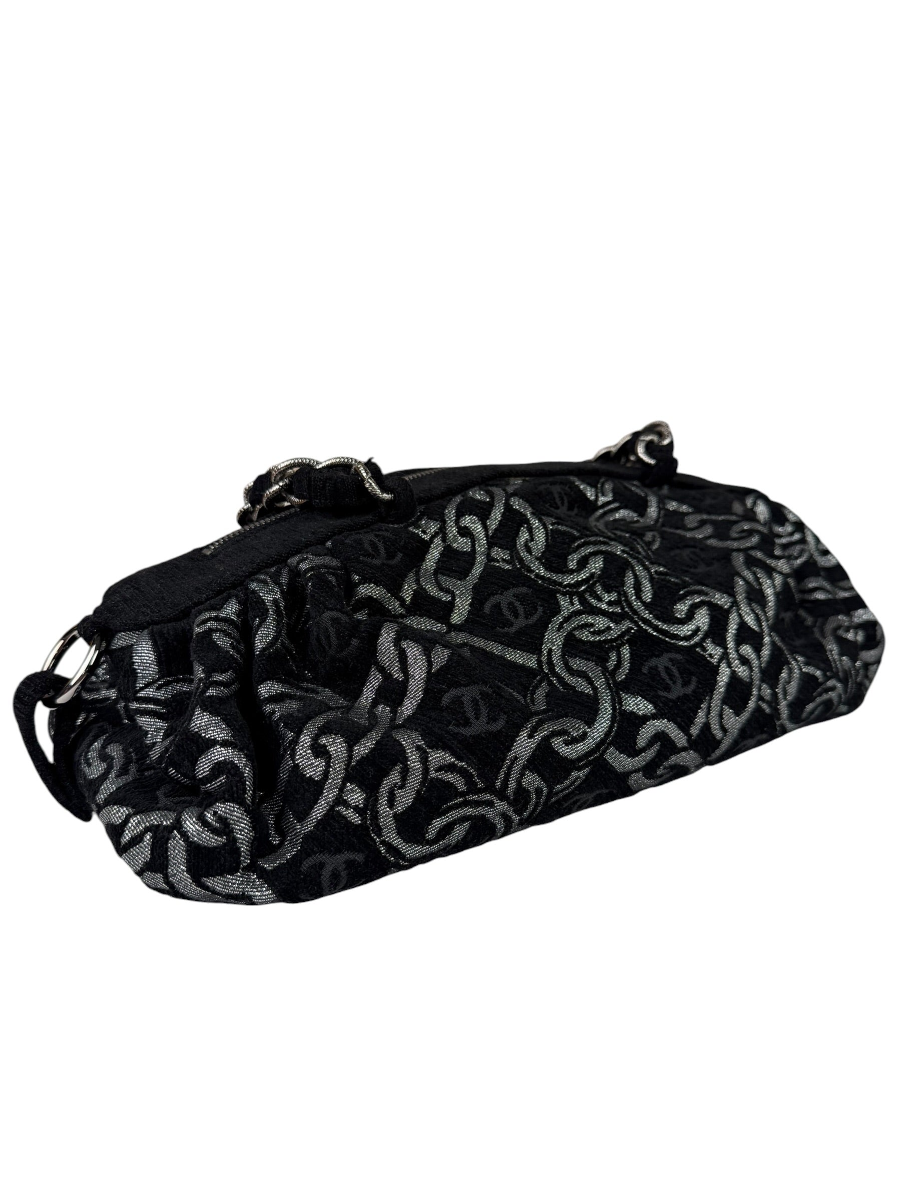 Chanel Black CC Jacquard Chain Silver Metallic Bowler Handbag 2005