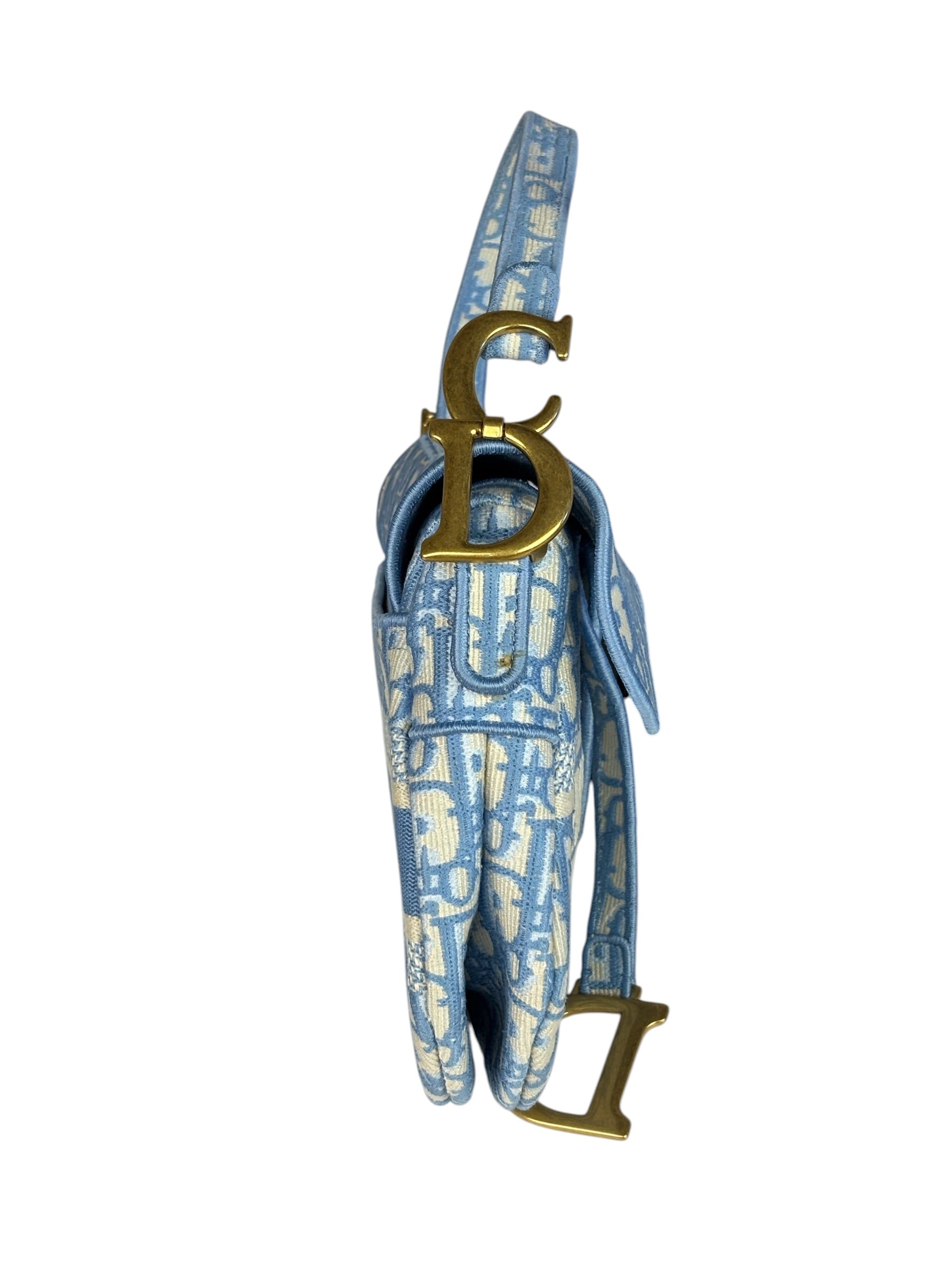Christian Dior Blue/White Oblique Embroidered Saddle Bag