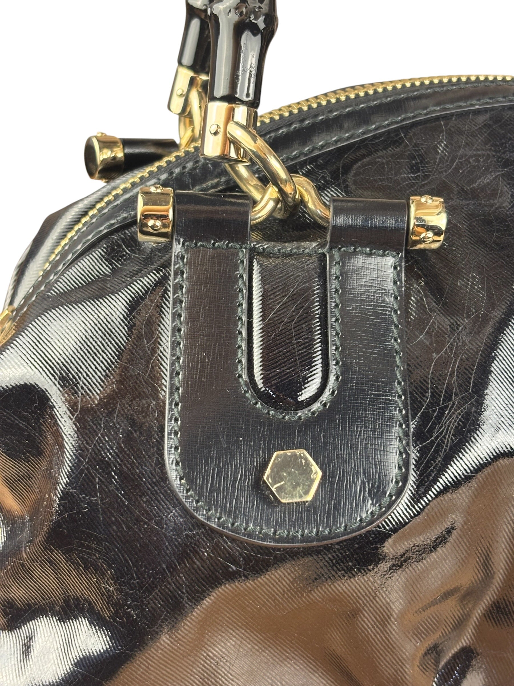 Gucci Black Patent Vintage Dialux Pop Bamboo 2Way Handbag