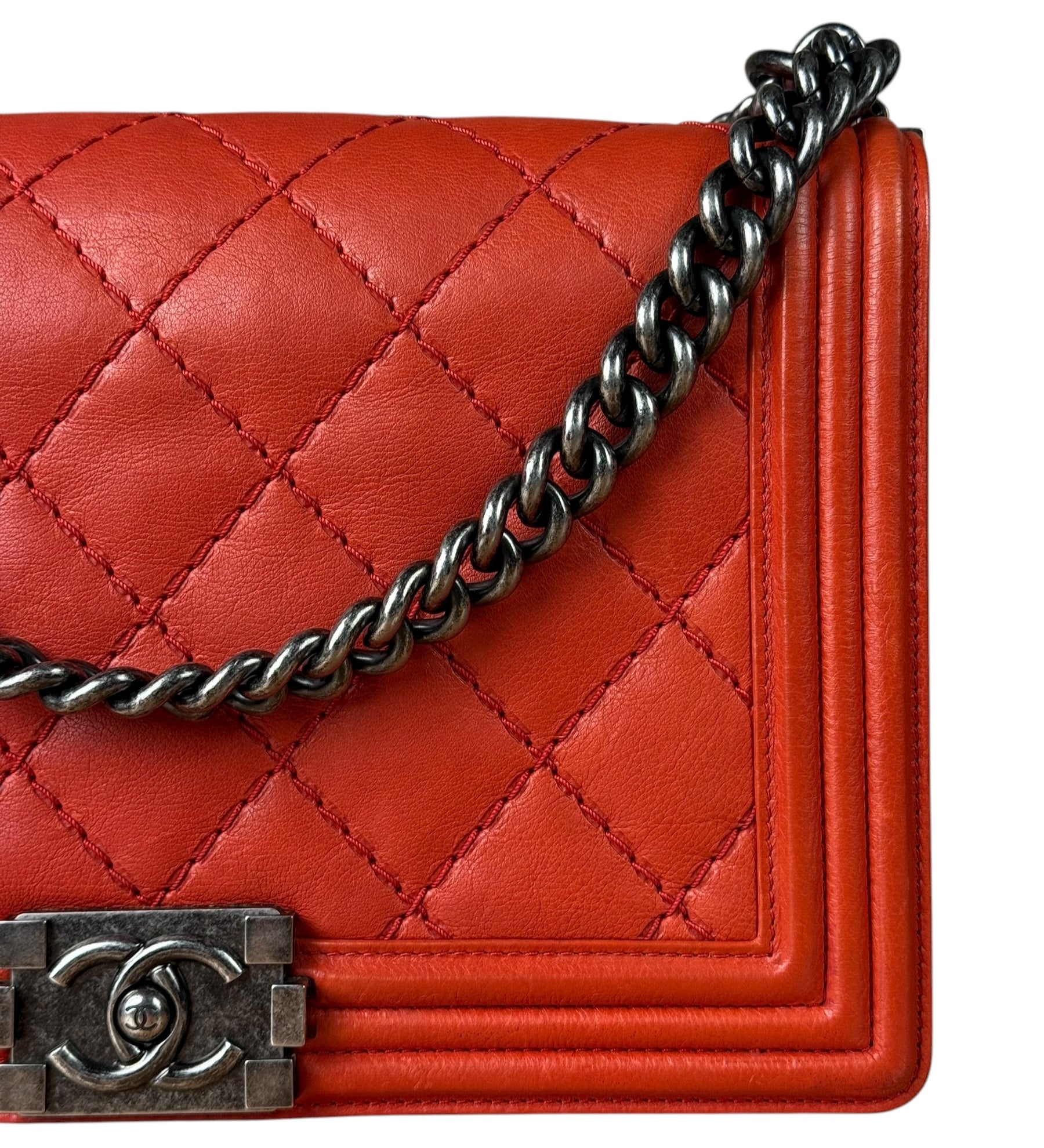 Chanel Quilted Stitch Red Leather Boy Bag 2014