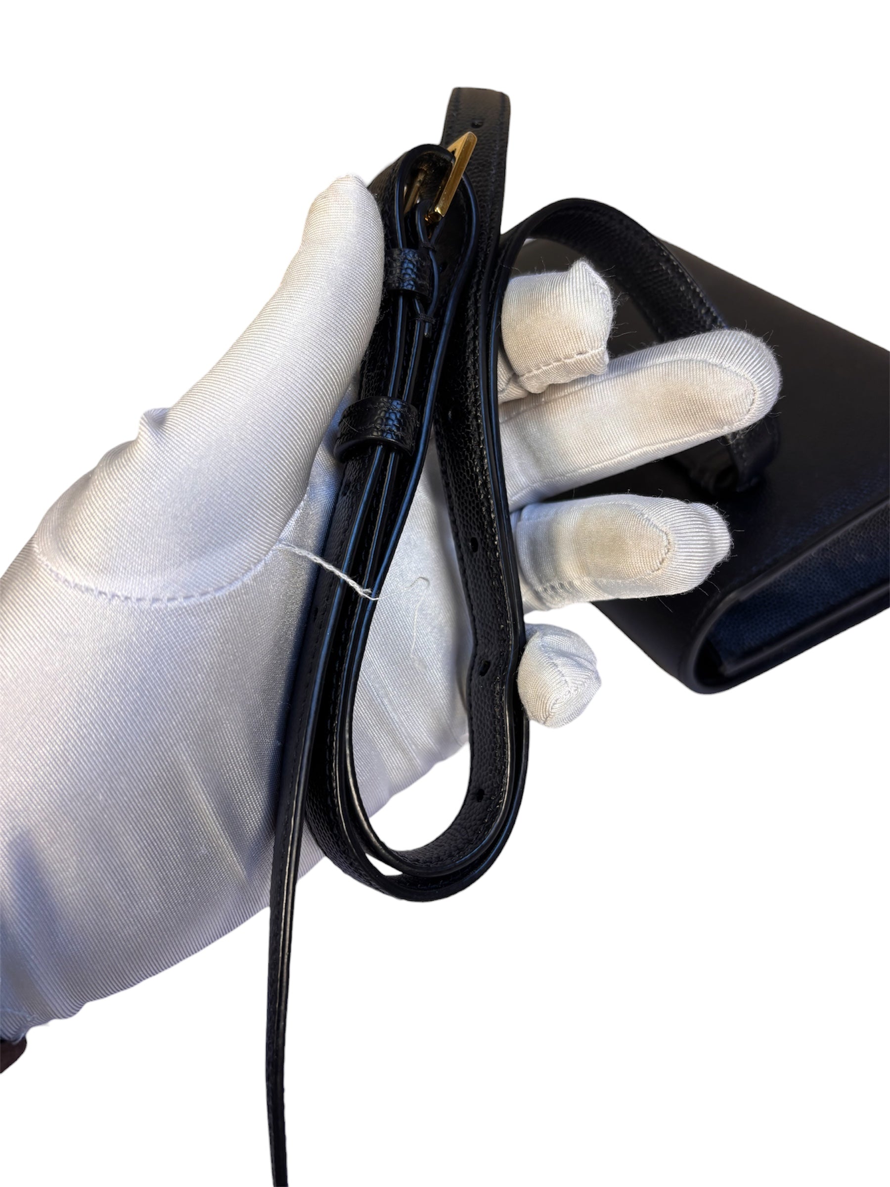 Yves Saint Laurent Black Pebbled Leather Wallet On Chain