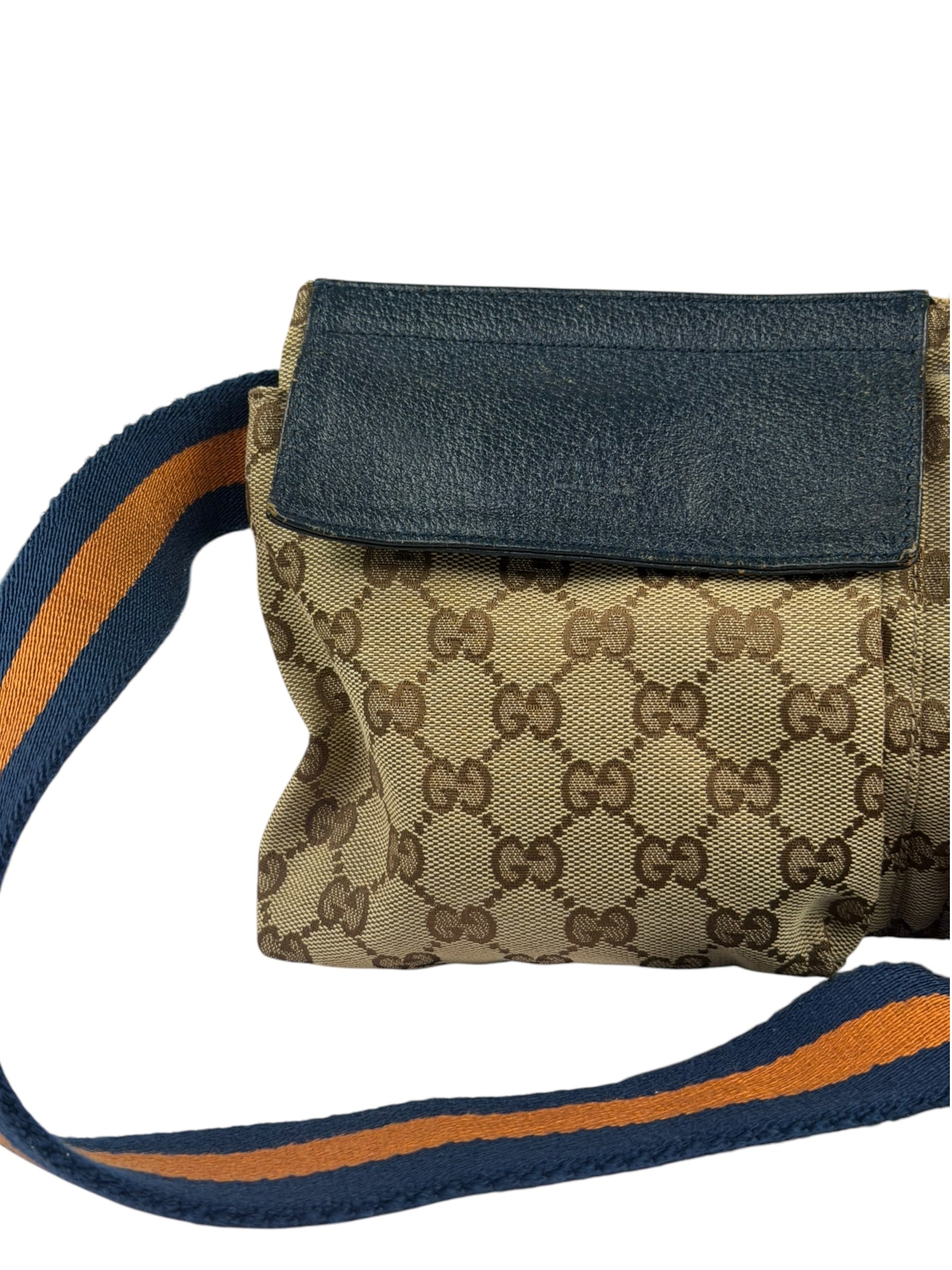 Gucci Beige/Navy Leather Trim GG Belt Bag