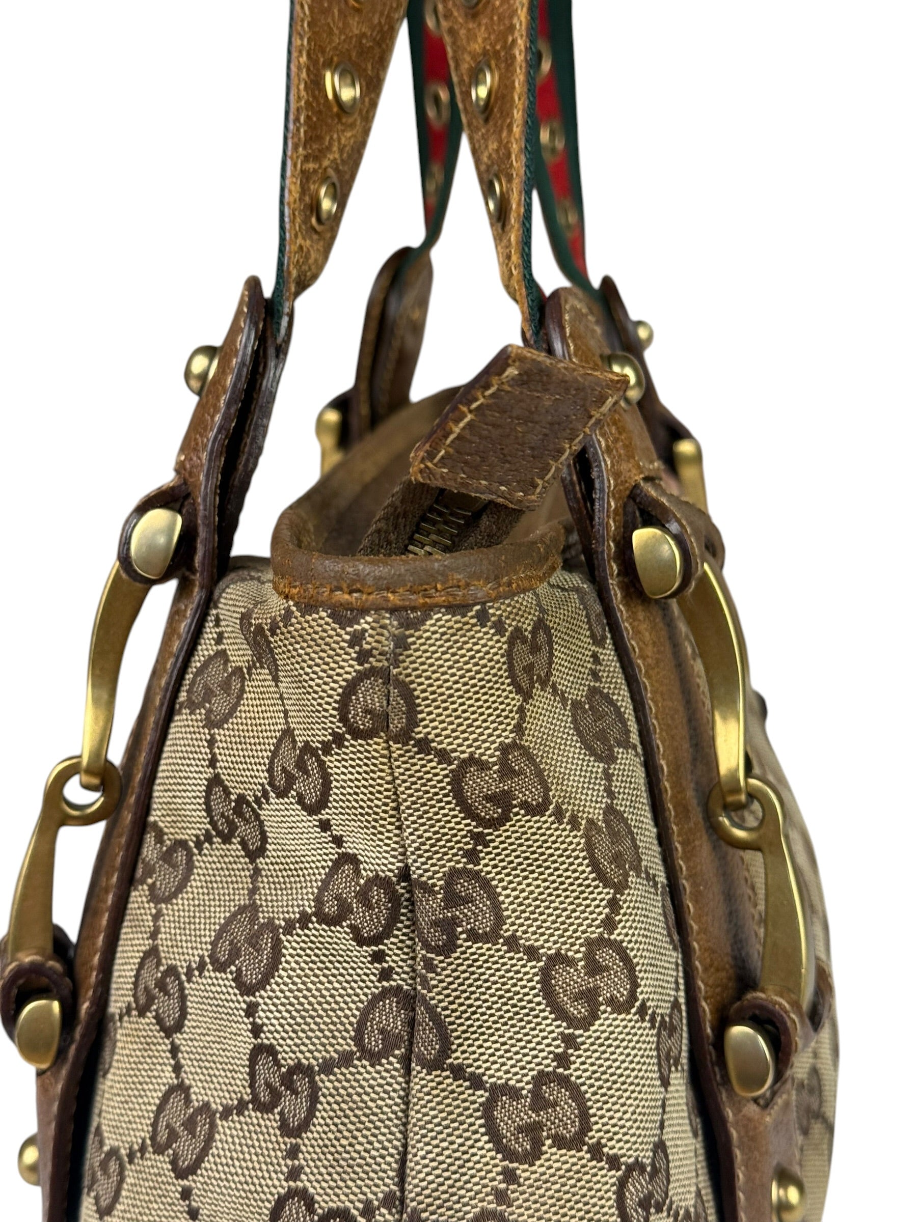 Gucci Vintage Brown Leather Trim Grommet Web Shoulder Bag