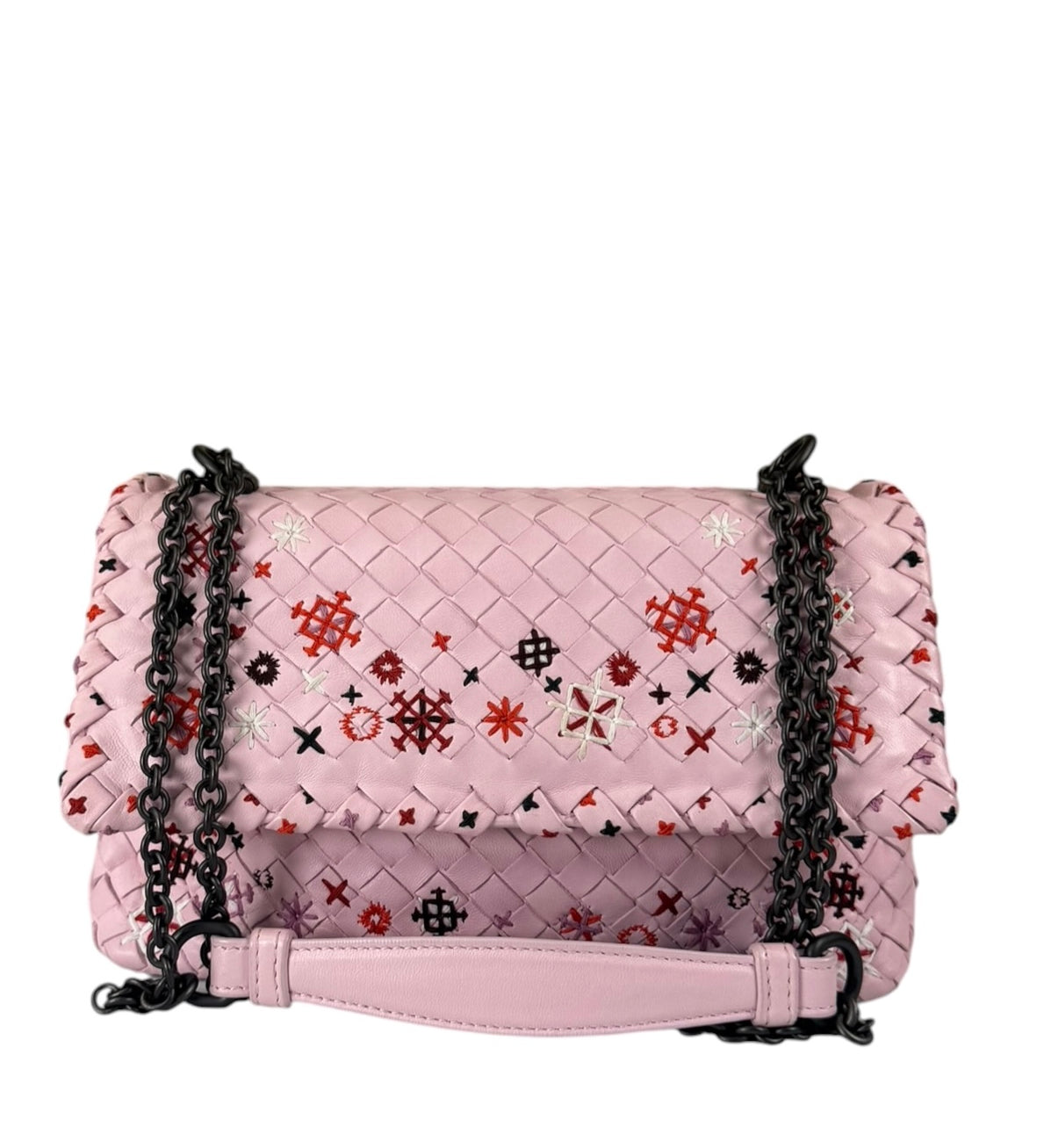 Bottega Veneta Baby Pink Leather Intrecciato Embroidered Flap Bag