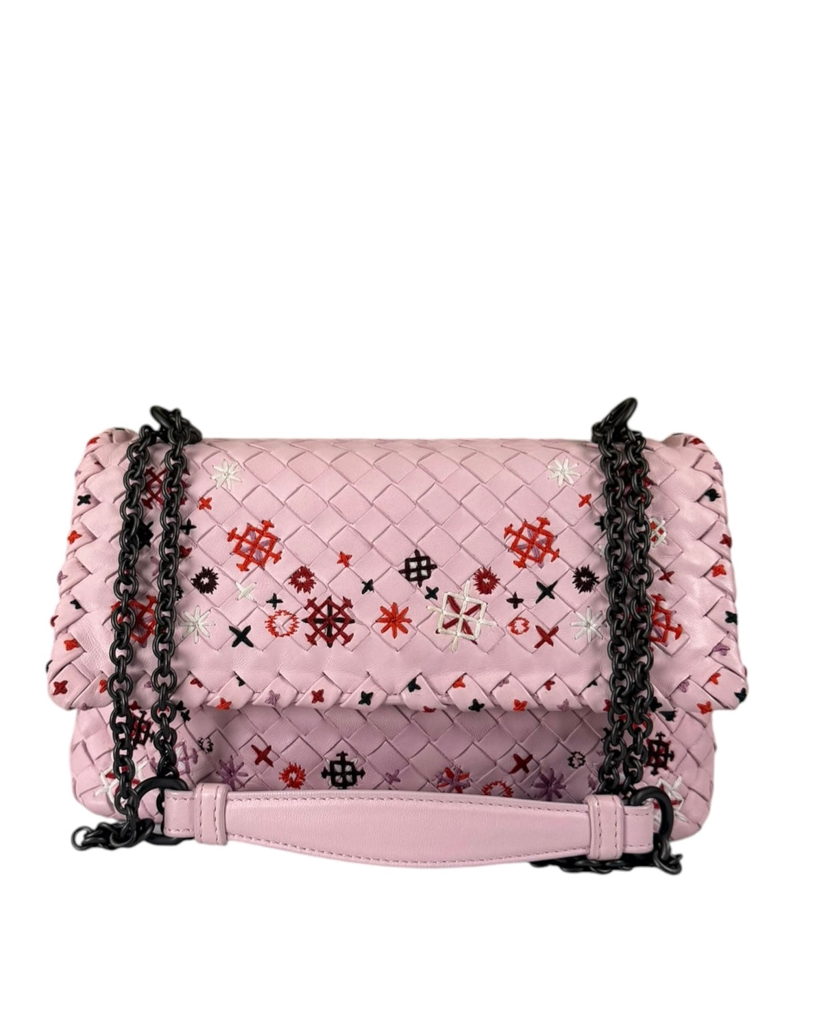 Bottega Veneta Baby Pink Leather Intrecciato Embroidered Flap Bag