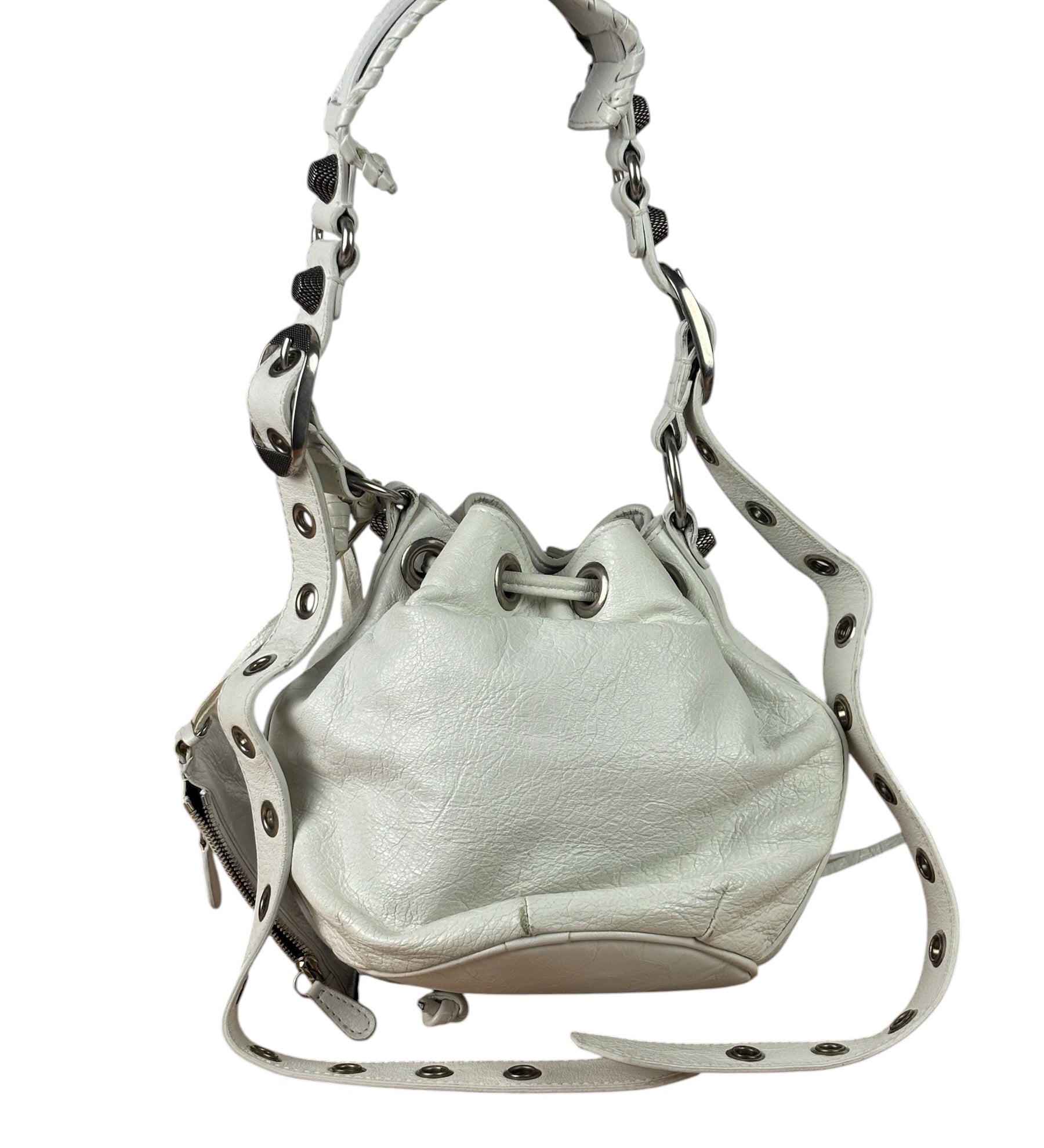 Balenciaga White Leather Le Cagole Bucket Shoulder Bag