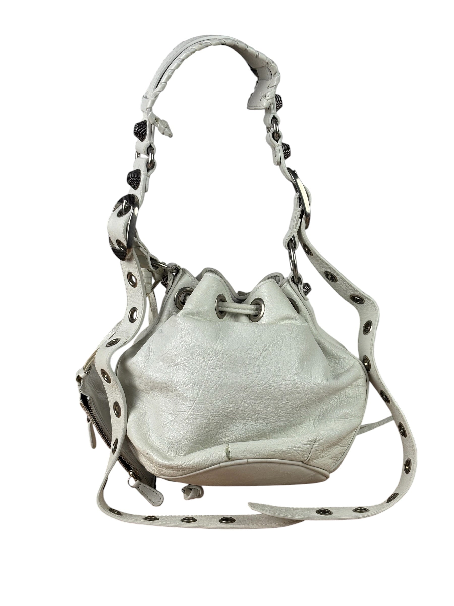 Balenciaga White Leather Le Cagole Bucket Shoulder Bag