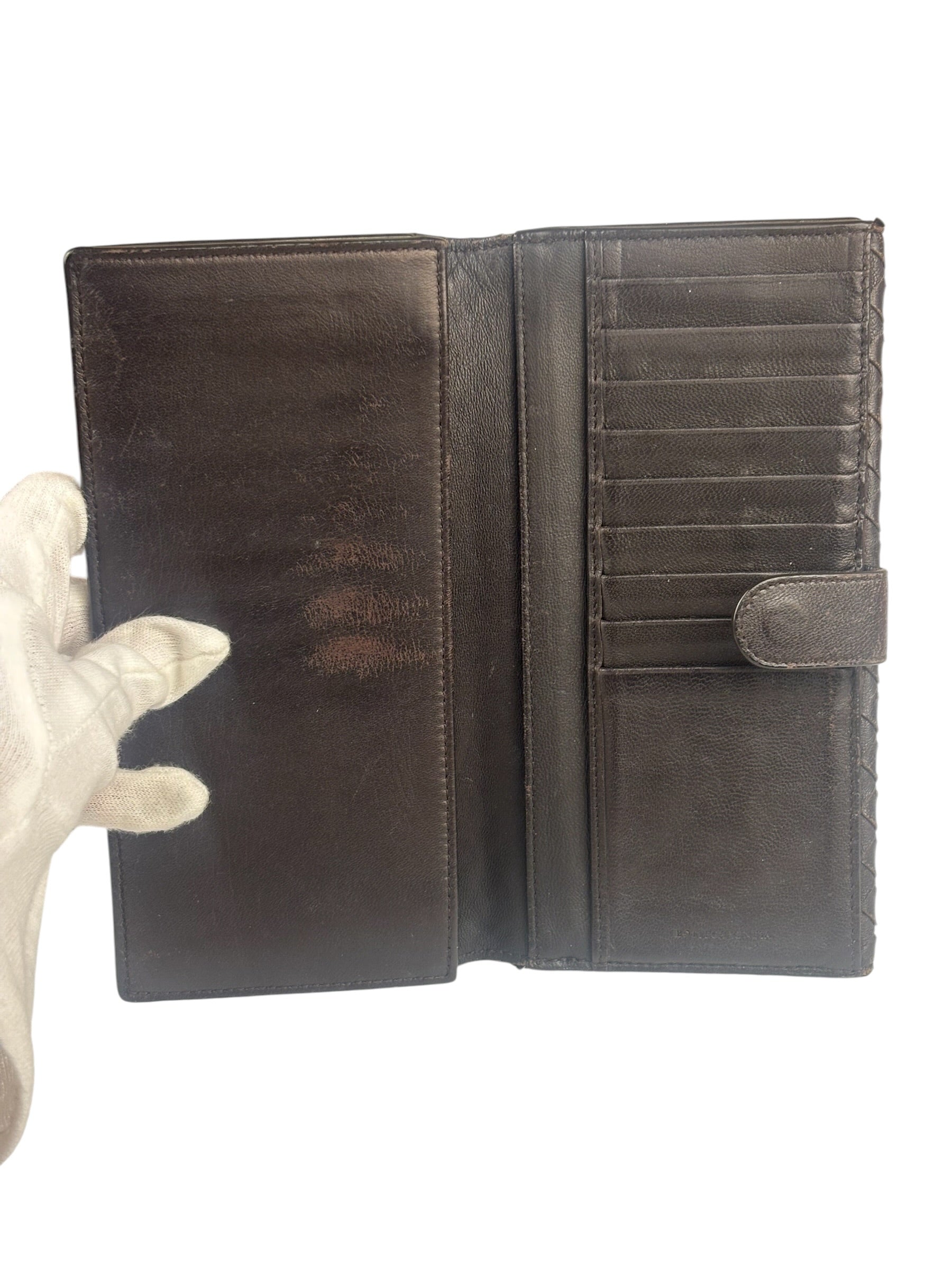 Bottega Veneta Brown Leather Woven Intrecciato Bi-Fold Continental Wallet