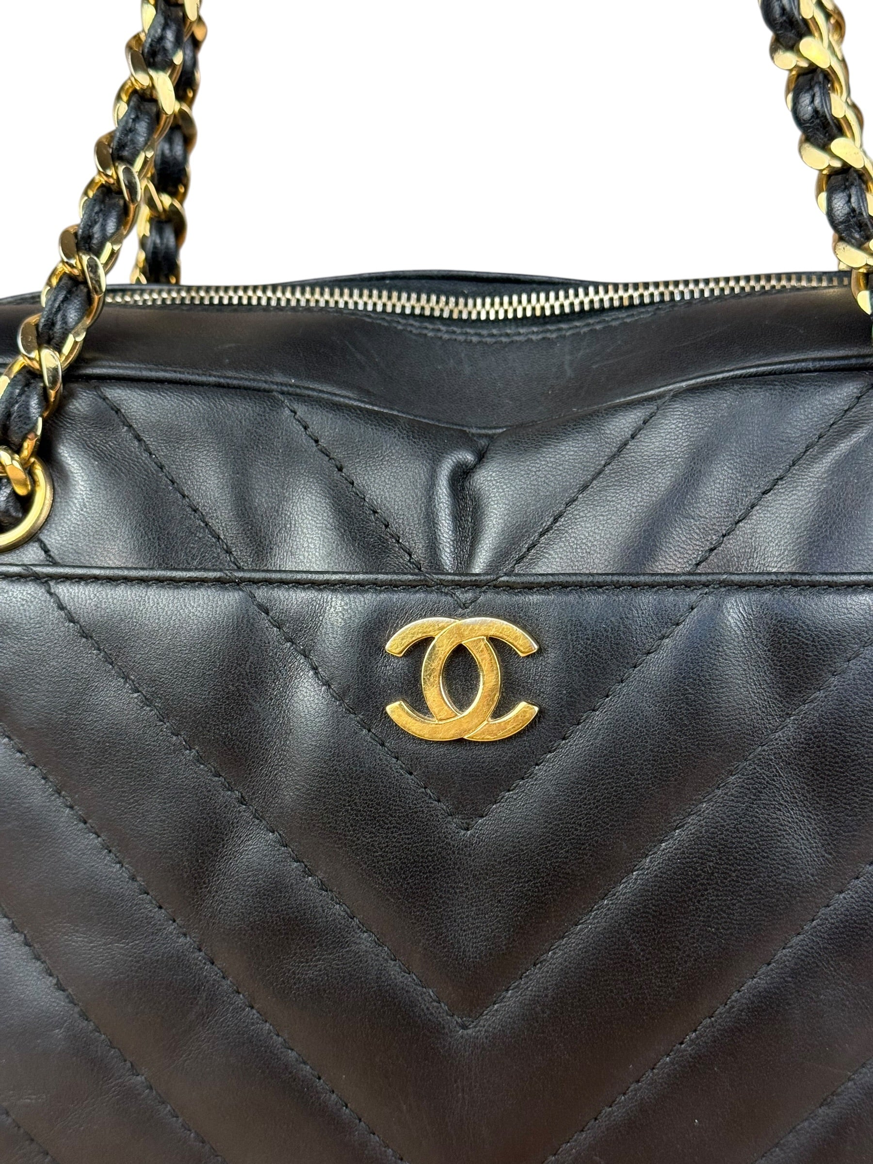 Chanel Black Chevron Leather Chain Camera Shoulder Bag 2000-2002