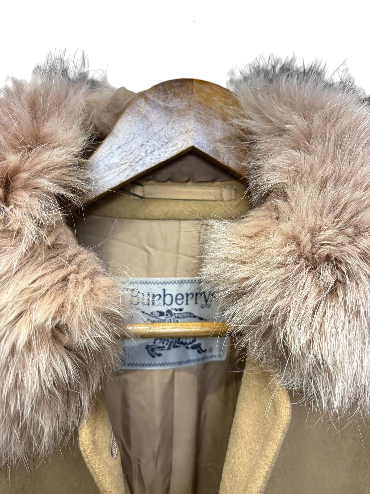 Vintage Burberry's Blue Fox Collar Wool/Camel Hair Trench Coat