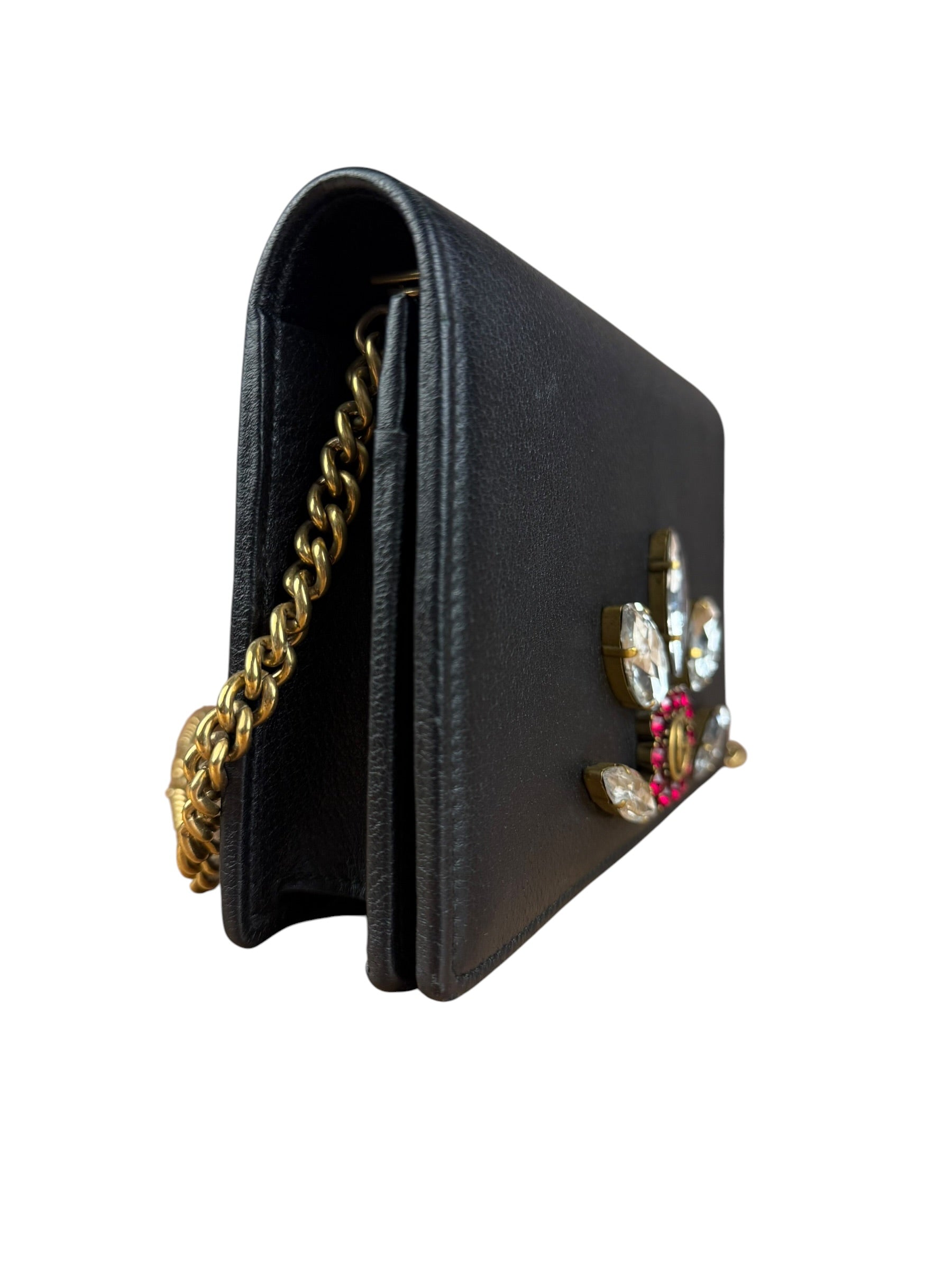 Gucci GG Crystal Embellished Black Leather Wallet on Chain Bag