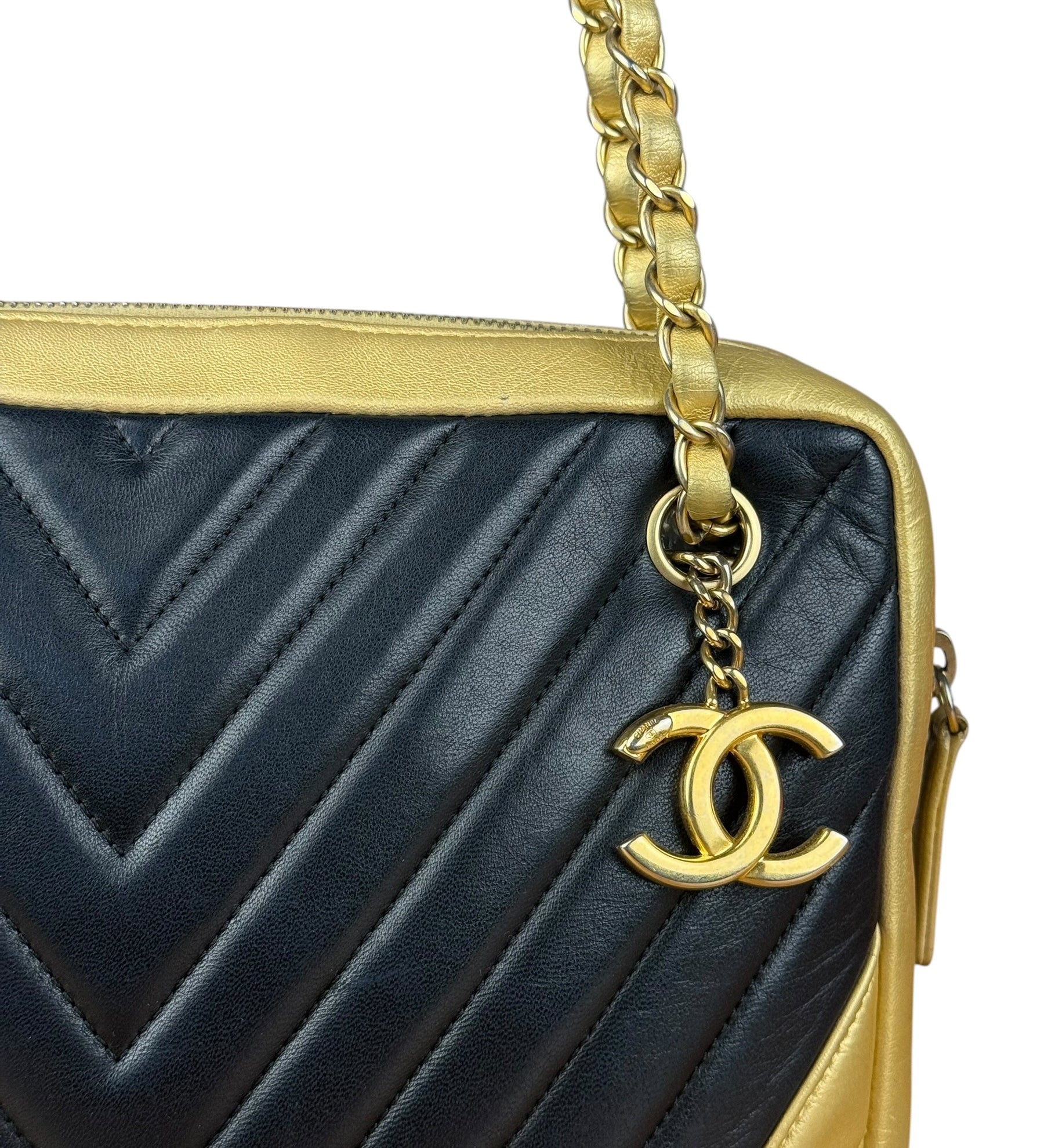 Chanel V Stitch Chevron Leather Black/Gold Chain Shoulder Bag 2014