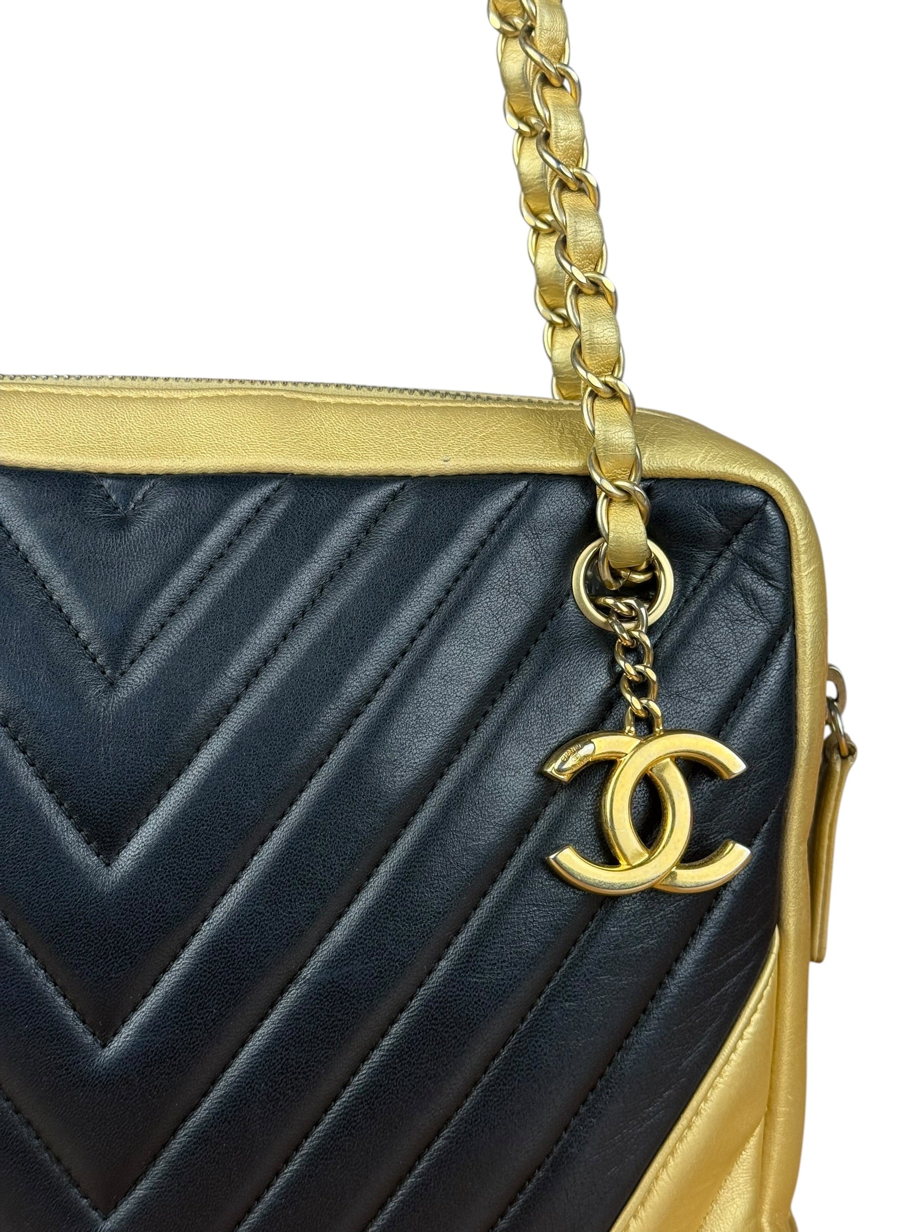 Chanel V Stitch Chevron Leather Black/Gold Chain Shoulder Bag 2014