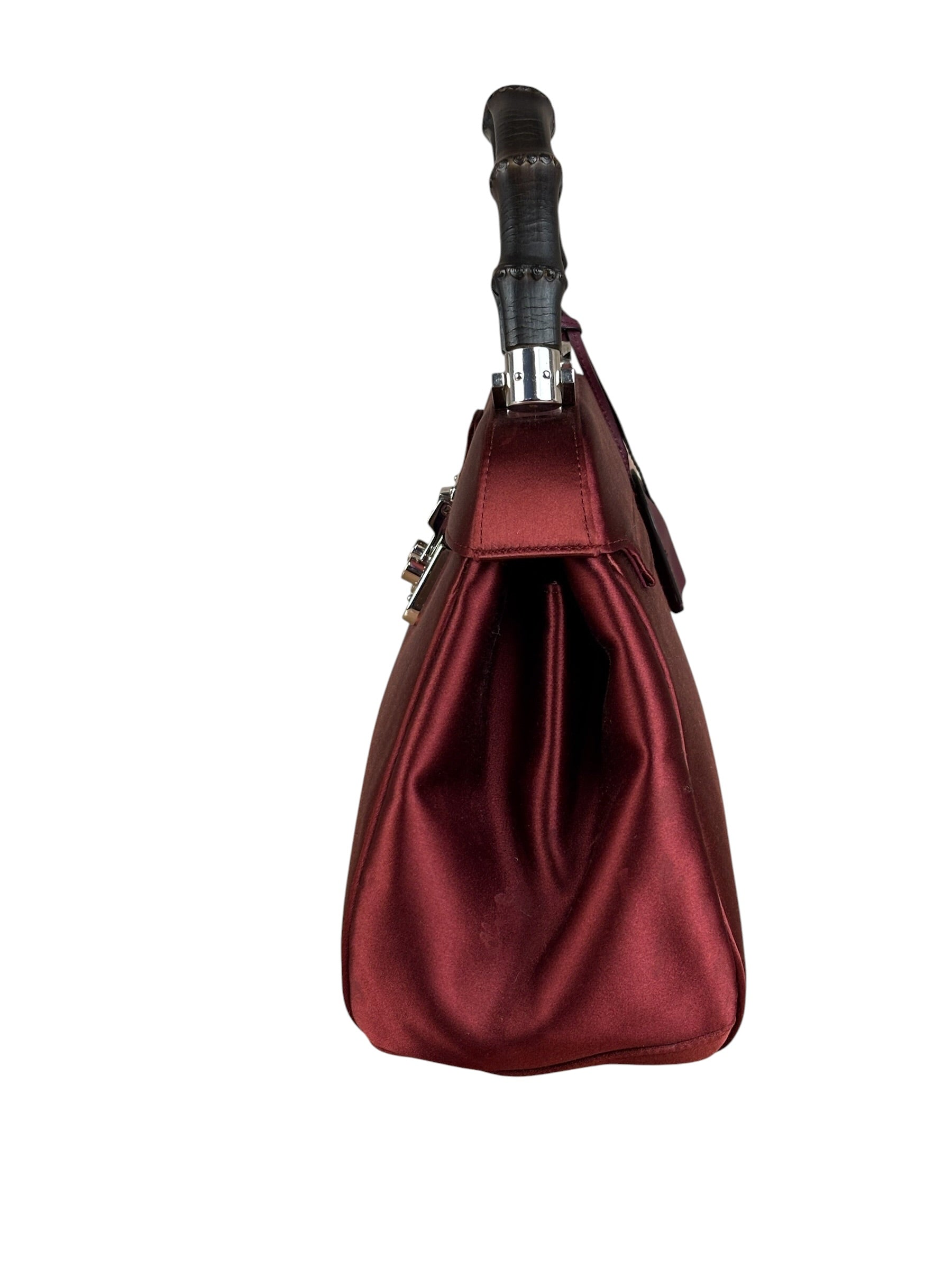 Gucci Burgundy Satin Bamboo Top Handle Bag