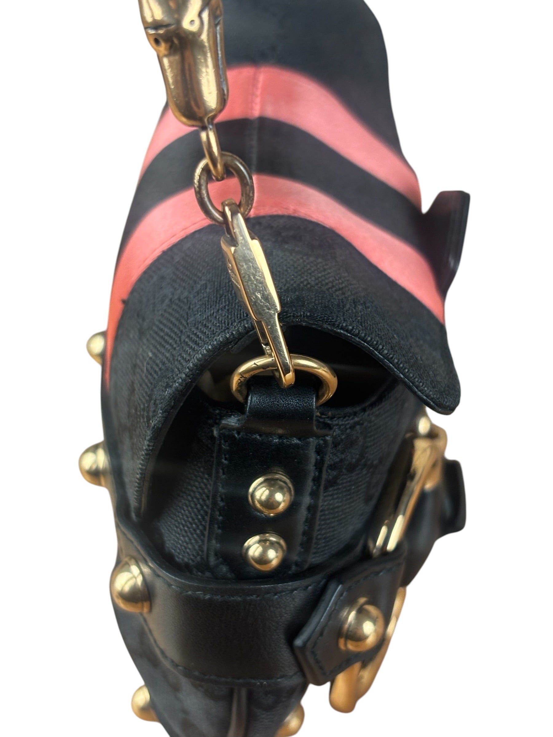 Gucci GG Black/Pink Canvas Horsebit Chain Shoulder Bag