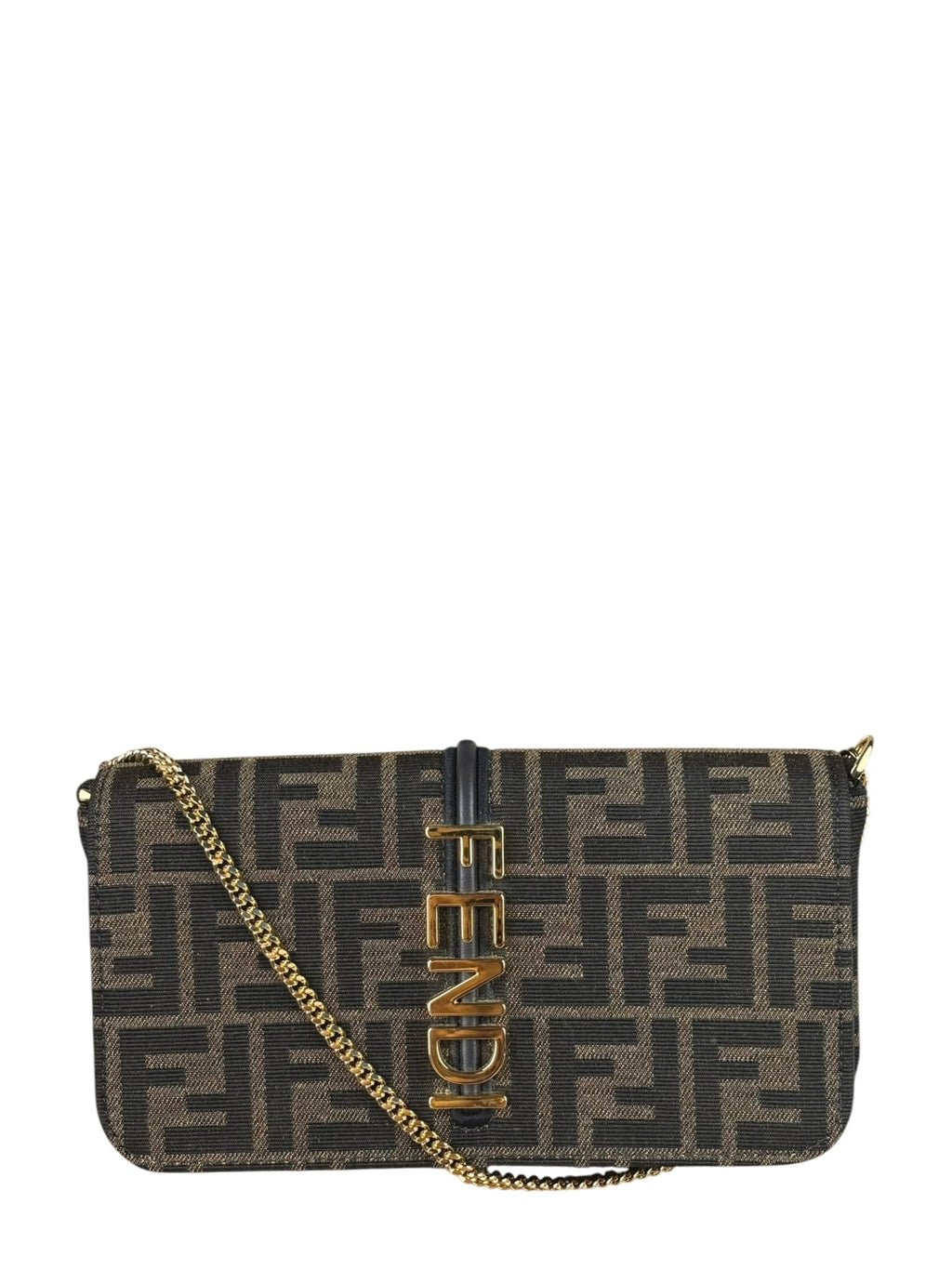 Fendi Brown Leather Trim Zucca Jacquard Fendigraphy Wallet On Chain