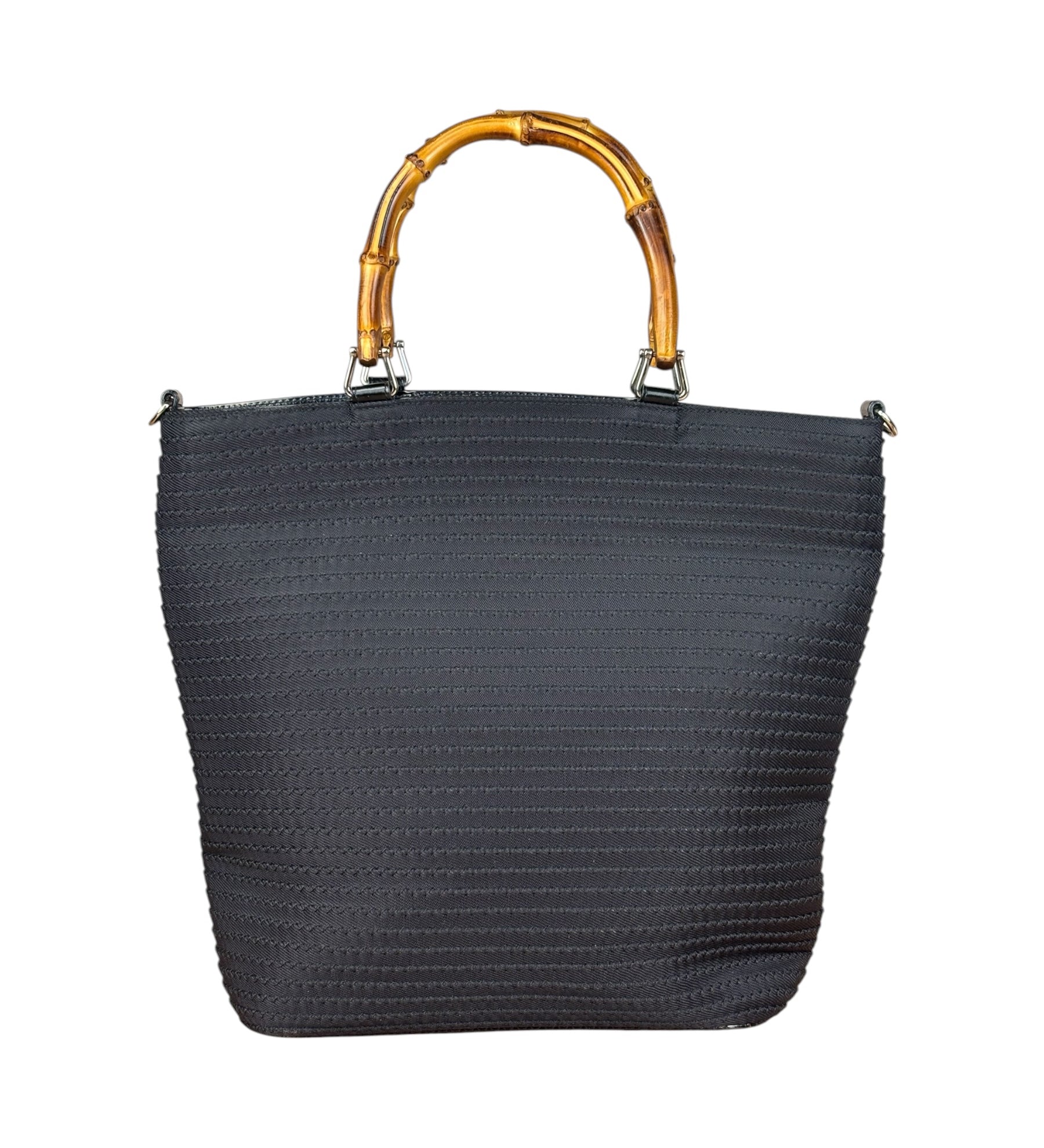 Gucci Vintage Black Ribbed Bamboo Top Handle Bag