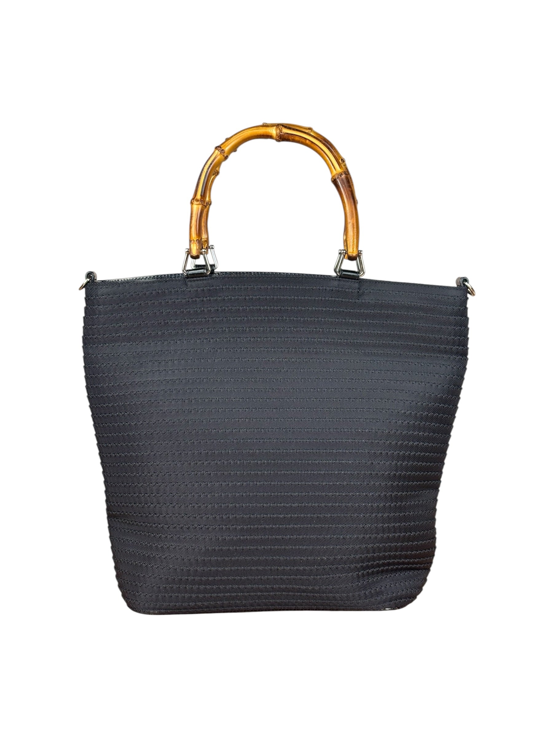 Gucci Vintage Black Ribbed Bamboo Top Handle Bag
