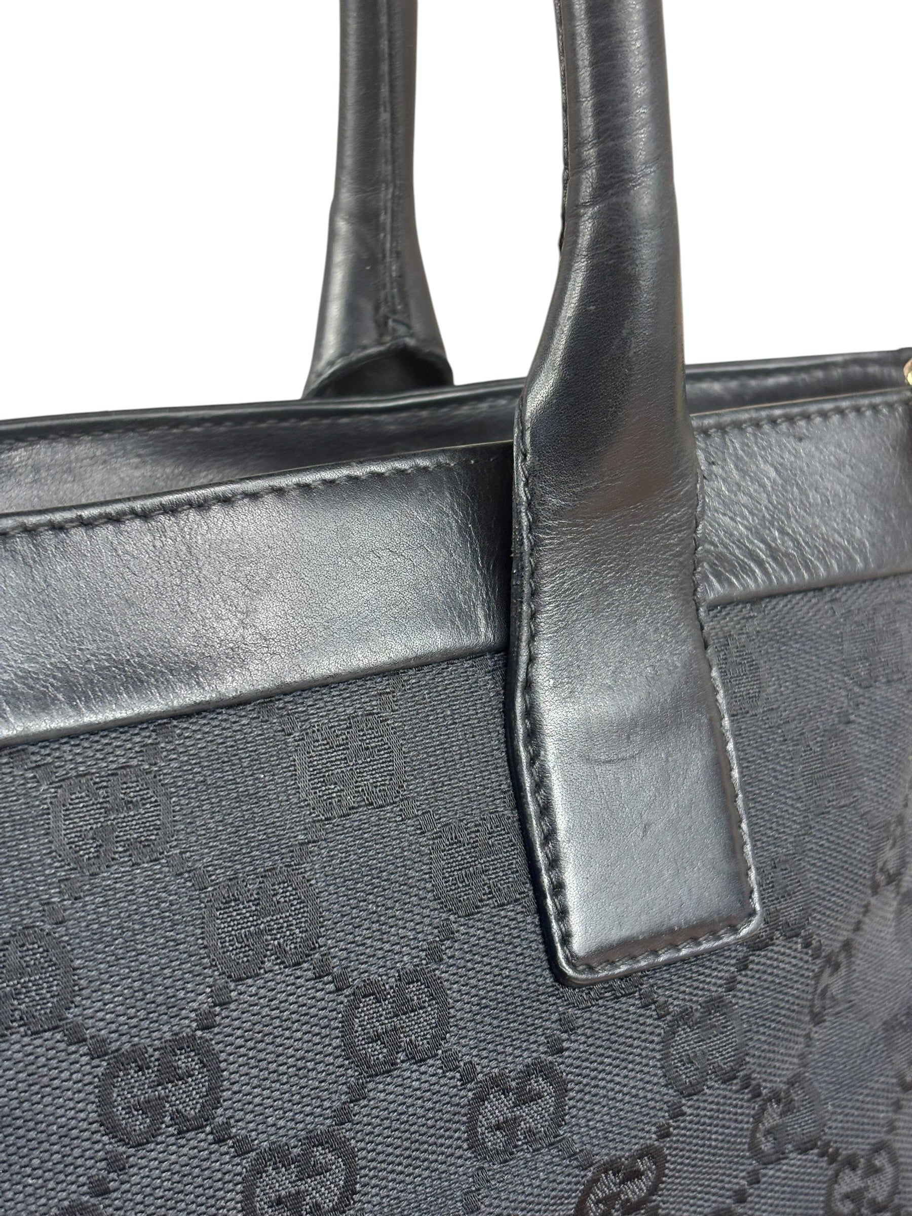 Gucci Black Leather Trim GG Canvas Tote Bag