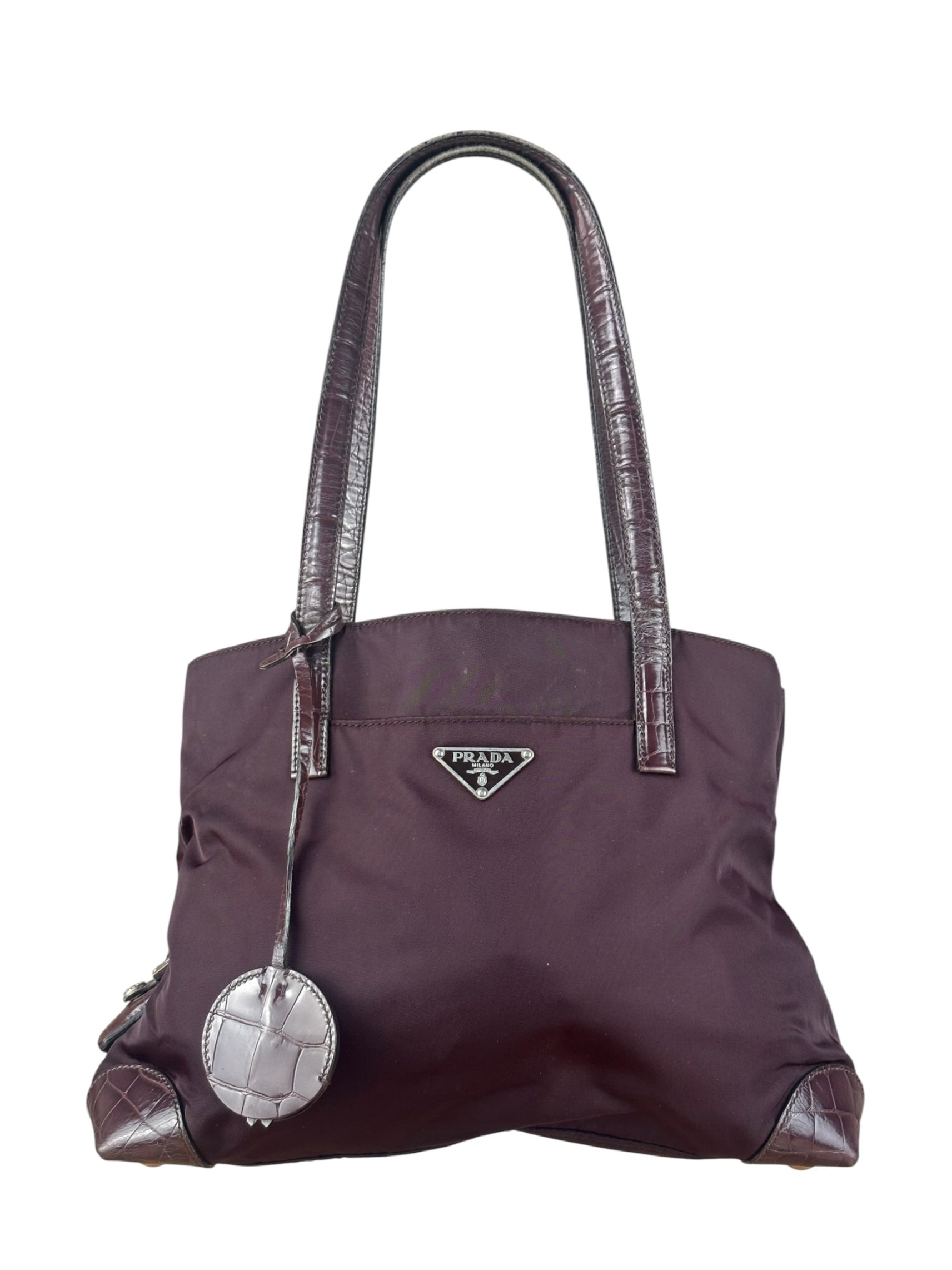 Prada Vintage Plum Nylon Leather Embossed Handbag