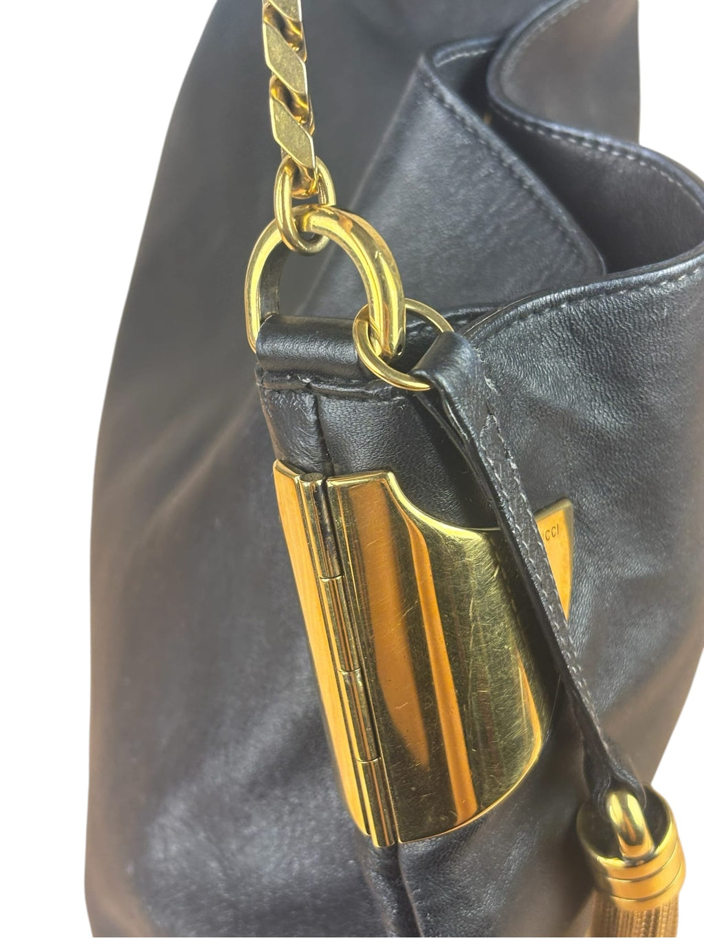 Gucci Black Leather 1970 Chain Hobo Bag