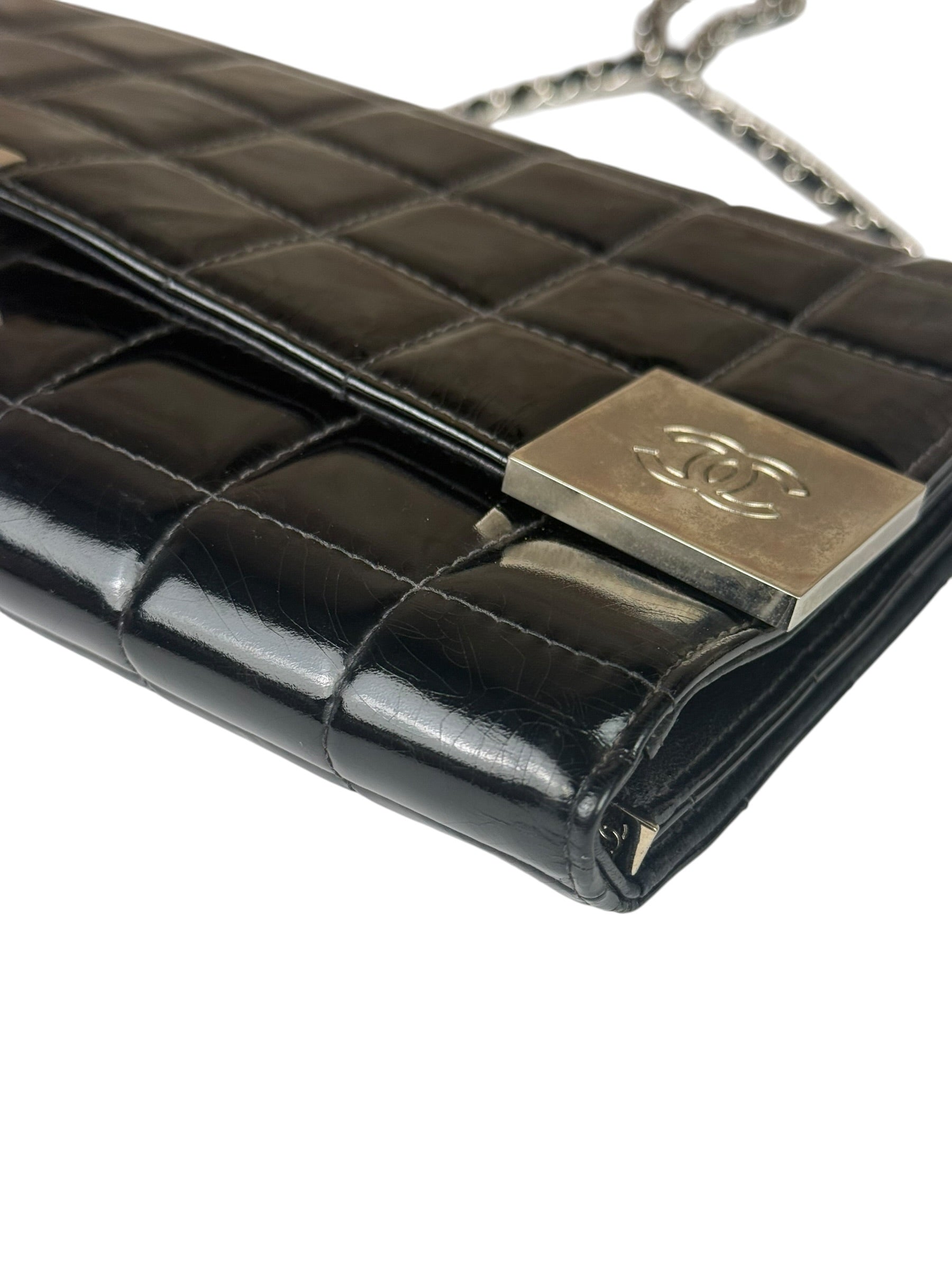 Chanel Black Patent Chocolate Bar Quilted Flap Shoulder Bag 2001