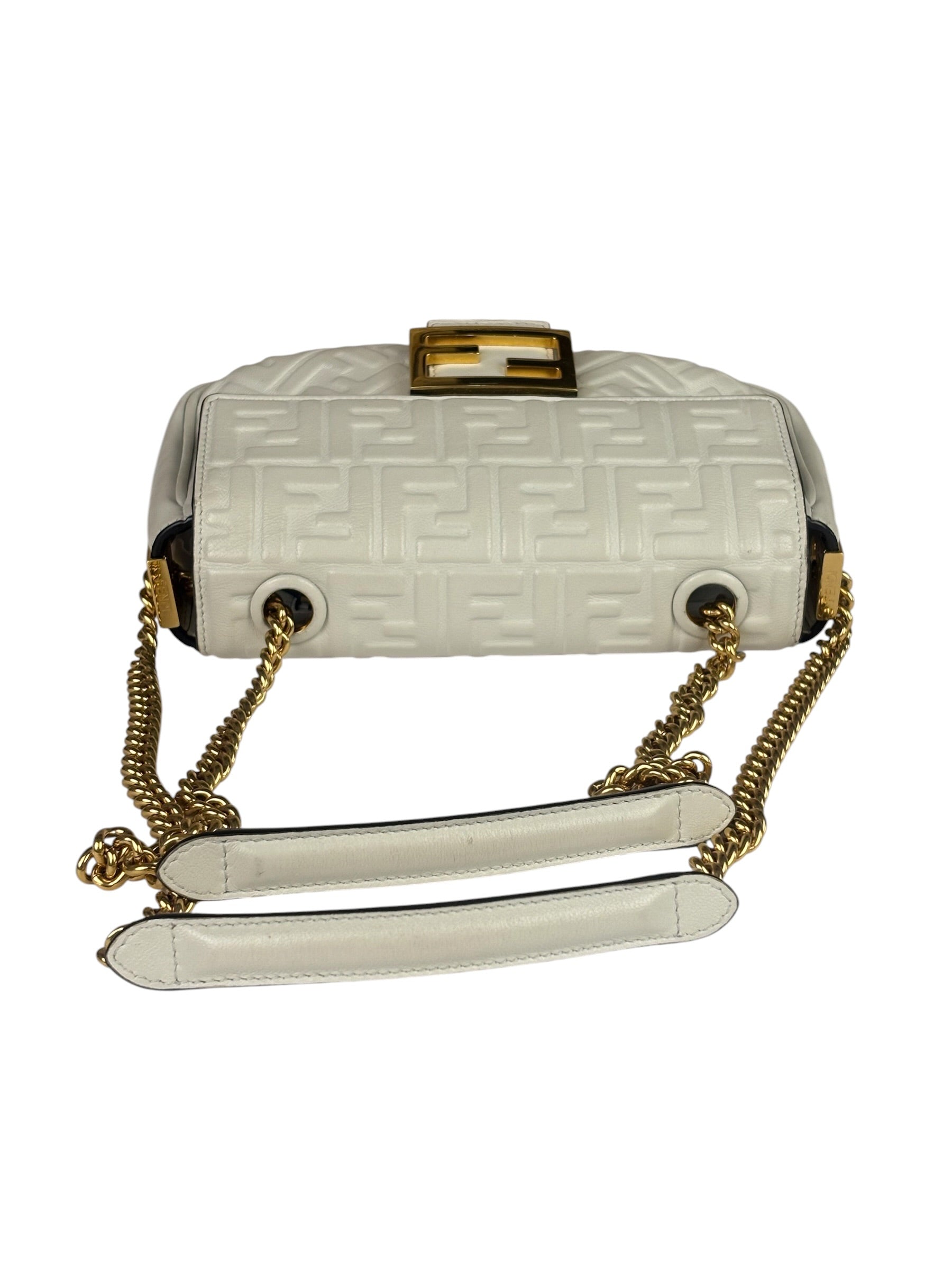 Fendi White Leather FF Flap Baguette