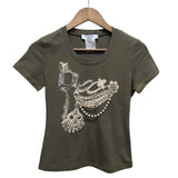 Christian Dior Green Short-Sleeve Diamonds/Pearls Studded T-Shirt