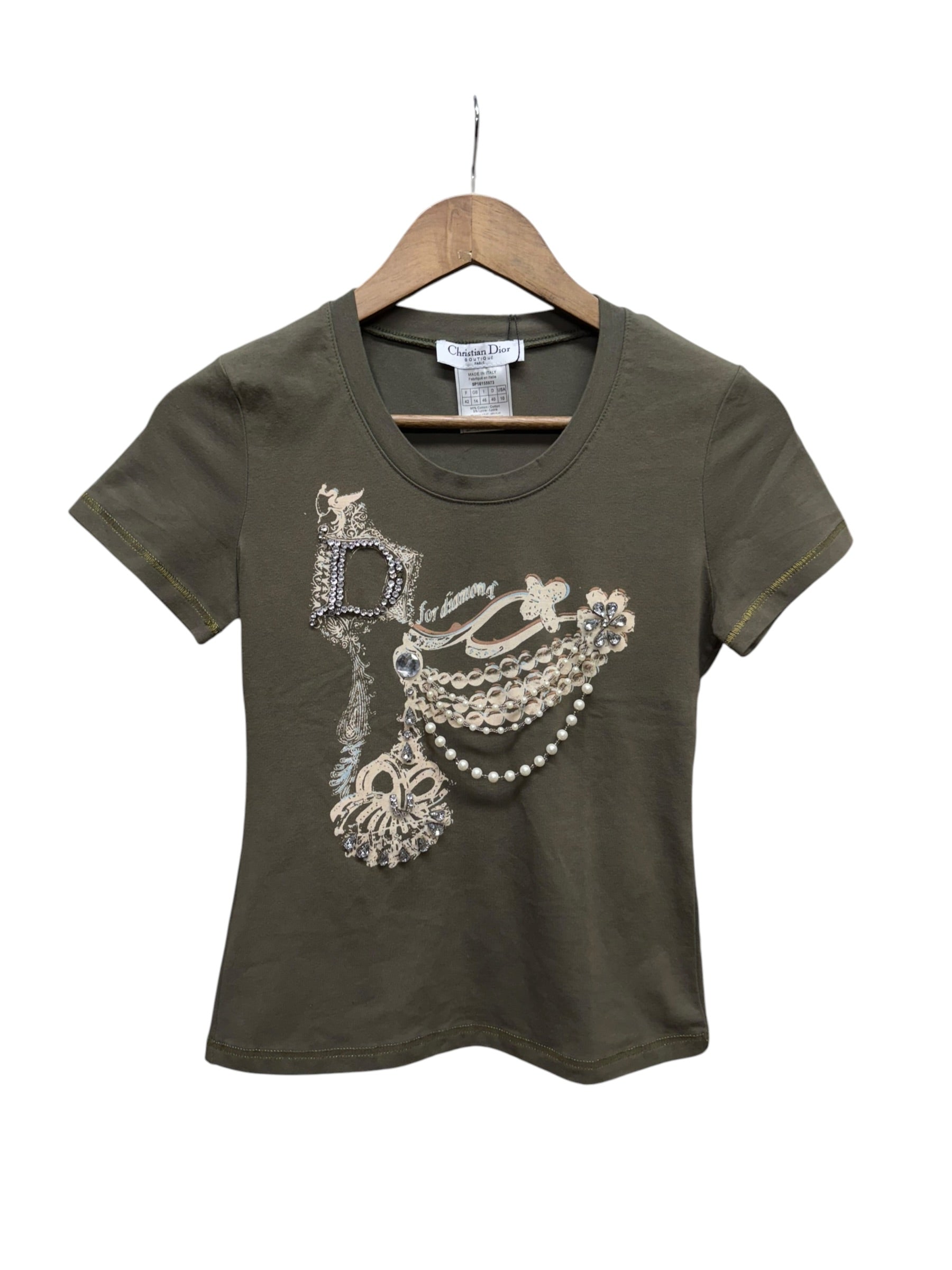 Christian Dior Green Short-Sleeve Diamonds/Pearls Studded T-Shirt