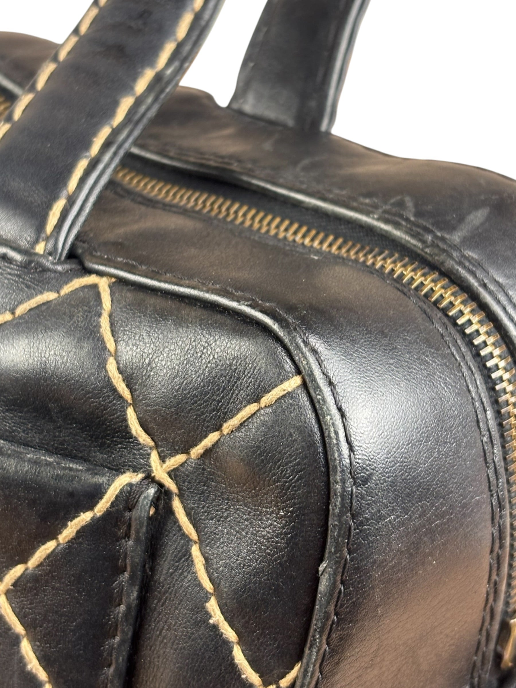 Chanel Vintage Black Leather Wild Stitch Bowler Shoulder Bag 2001