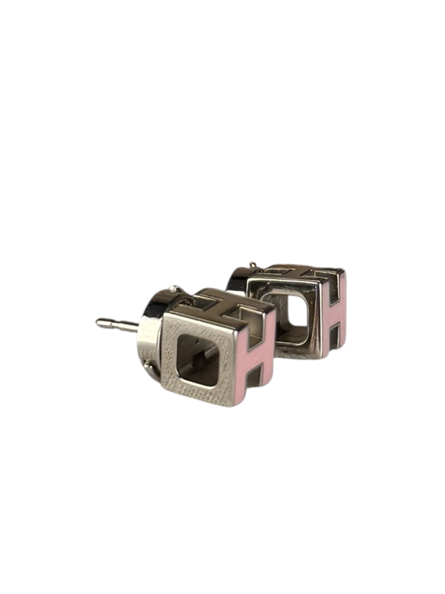 Hermes Silver Pink H Studded Earrings